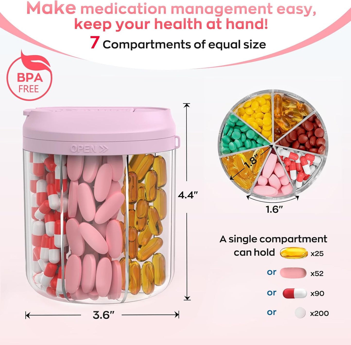 Pill Dispenser with 7 Large Compartments, Pill Bottle Organizer for Travel, Supplement Organizer with Anti-Mixing Design, BPA-Free Pill Container with 20 Pcs Labels, Pink + Black