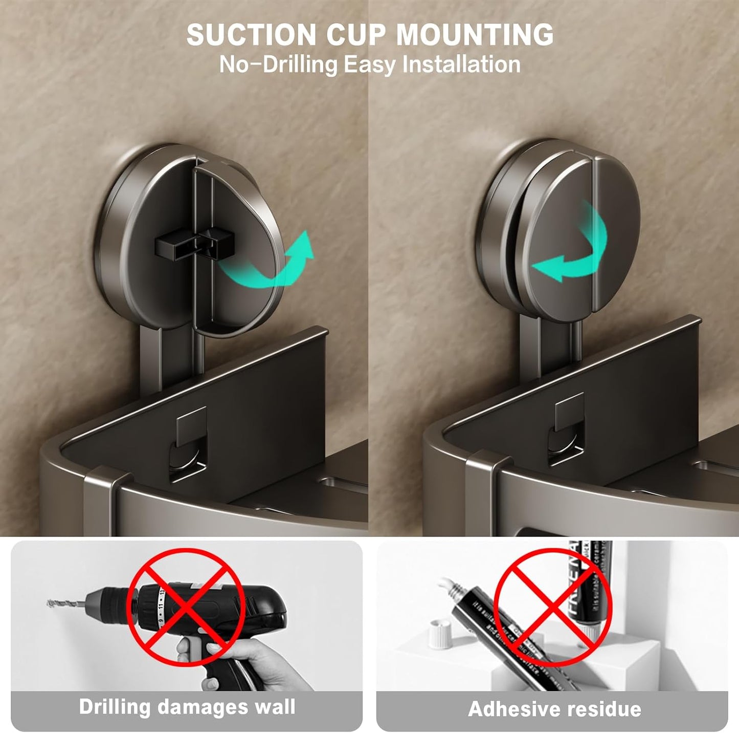 VOLPONE Shower Caddy Suction Cup, 2 Pack Corner Shower Shelves No Drilling, Showers Organizer Storage with Towel Bar & Removable Hooks, Bathroom Shower Shelf Rack for Inside Showers, Triangle