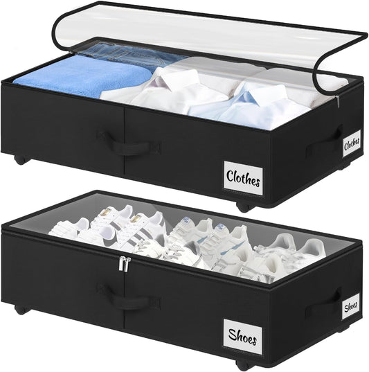 Under Bed Storage with Wheels, 2-Pack 6.7" Height XL 50L Rolling Storage Bins, Quick Assembly Underbed Shoe Storage Containers with Clear Lid & Label, Dorm Under bed Drawers for Clothes, Shoes, Black