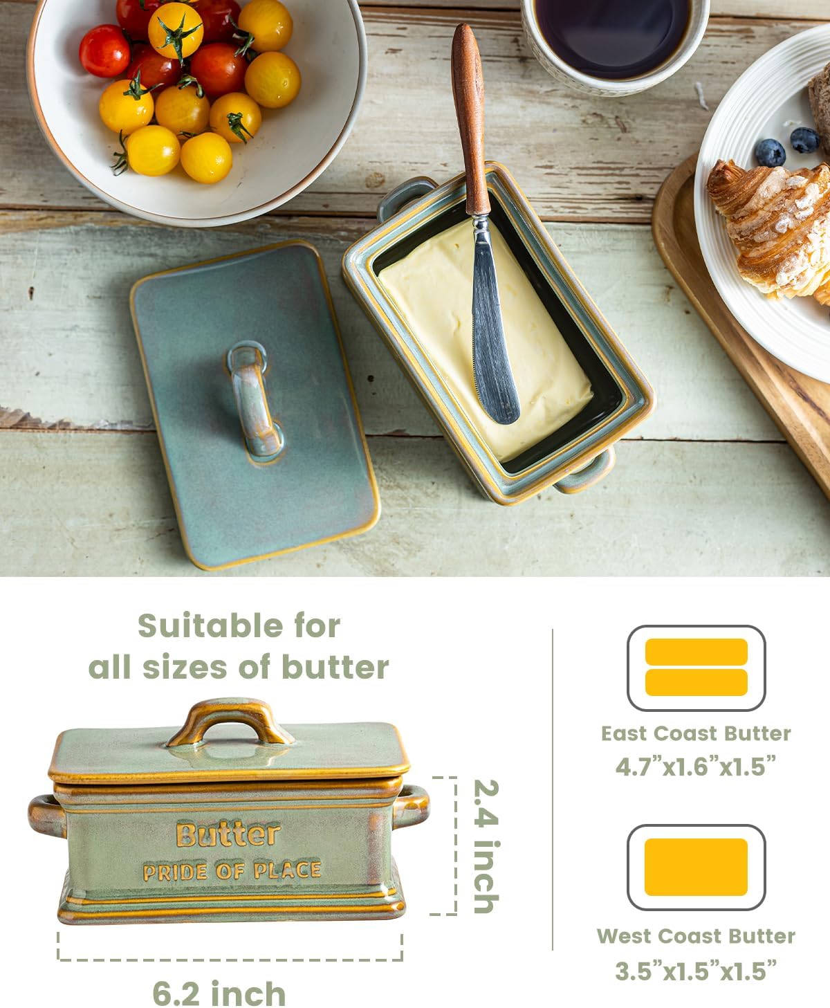 Butter Dish with Lid, Ceramic Butter Holder Container Large Butter Dish for Countertop Farmhouse Decor for Thanksgiving, Christmas Butter Keeper for East West Coast Butter, Green