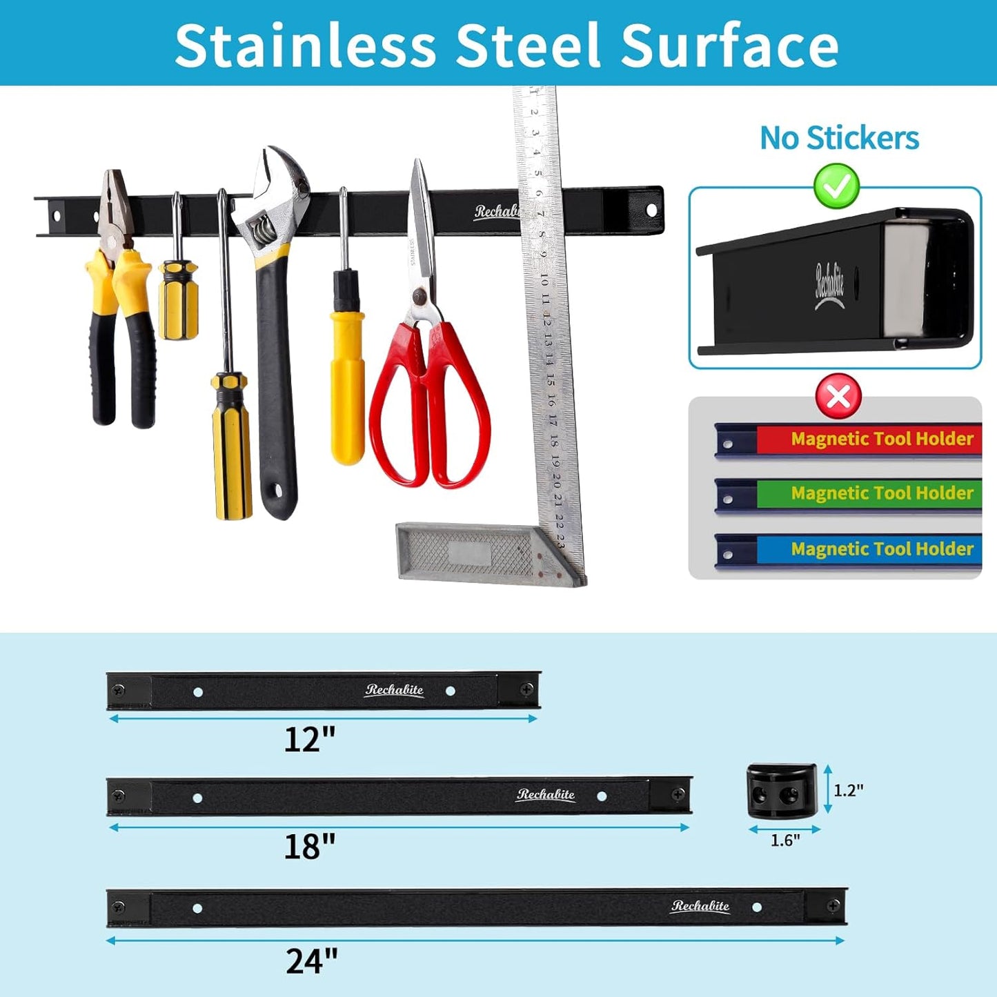 4 Pieces 12" Magnetic Tool Holder Strip, Black Magnet Bar, Metal Tool Organizer Rack for Garage Organization, Easy To Install in Workshop, Mounting Screws Included