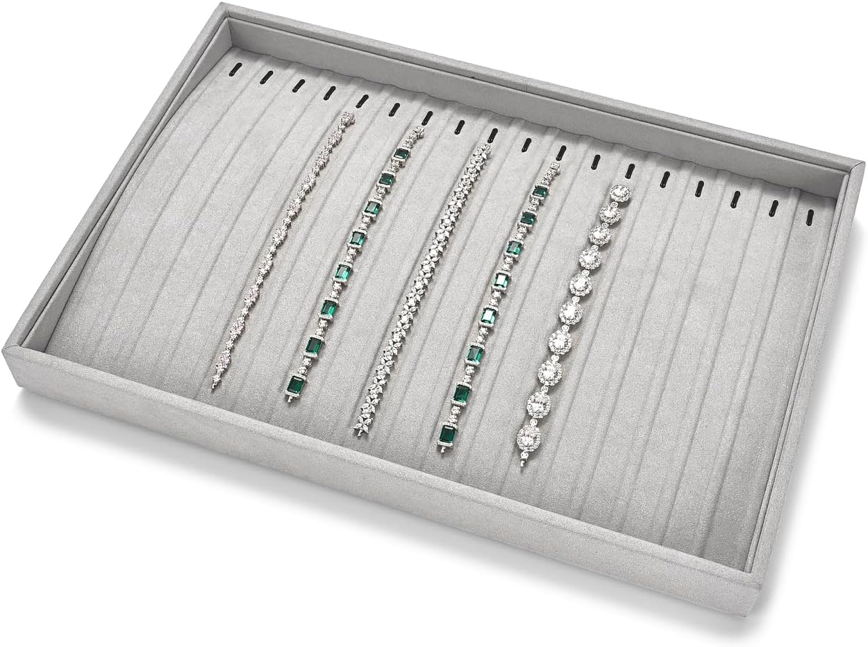 18Slots Necklace Braclet Tray Velvet Jewelry Trays Microfiber Jewelry Drawer Organizer for Necklace, Bracelets,Watch Storage Display (Grey)