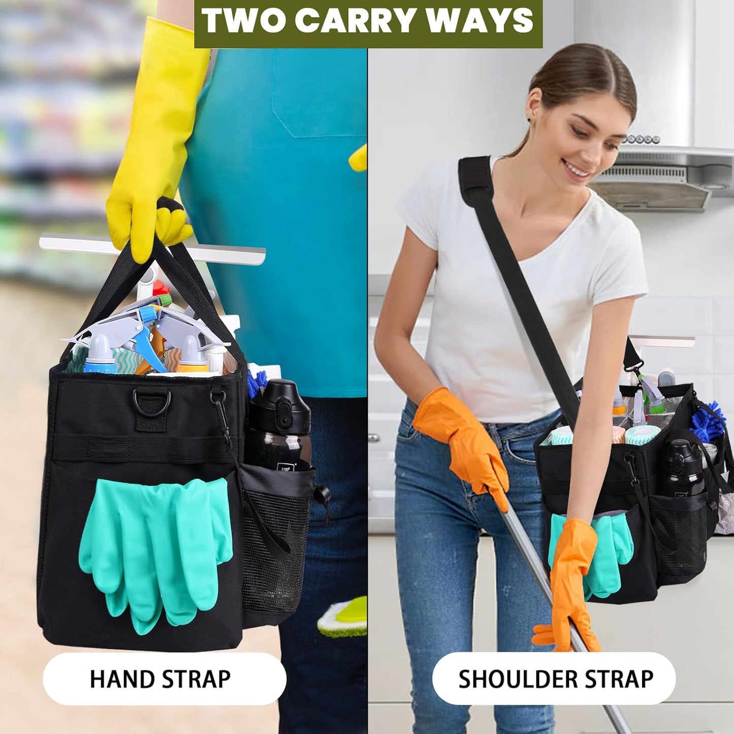 Large Wearable Cleaning Caddy Bag with Detachable Divider, Cleaning Organizer with Handles, Cleaning Supply Tote with Adjustable Shoulder Strap&Waist Belt for Cleaners & Housekeeper (Black)