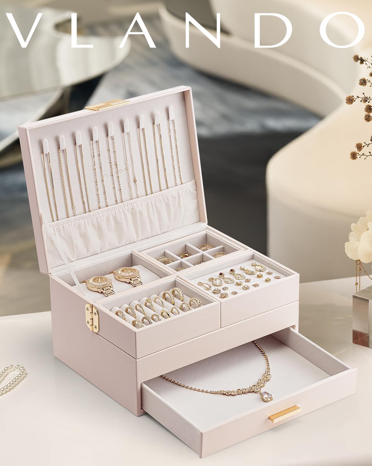 Vlando 3 Layer Jewelry Box - Women Jewelry Box with Retractable Tray - Jewelry Organizers with Drawer for Necklaces, Rings, Bracelets, Earrings, Gift for Couples Mom Girls - Pink