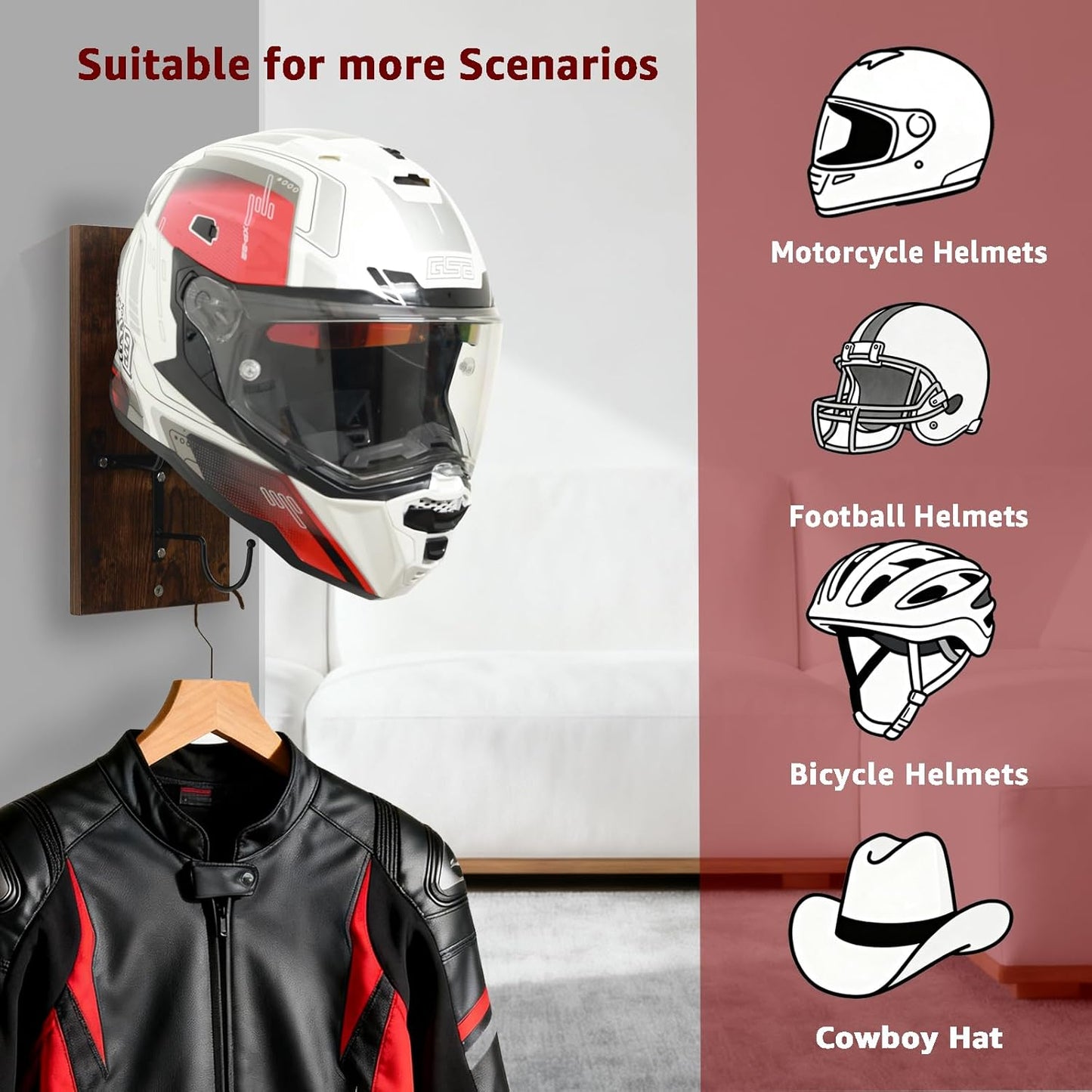 Wooden Motorcycle Helmet Holder, Wall Mount Helmet Rack with Metal Hook, Motorcycle Helmet Hanger Easy Storage for Helmets, Caps, Sportswear, Hats, Coats & Motorcycle Gear