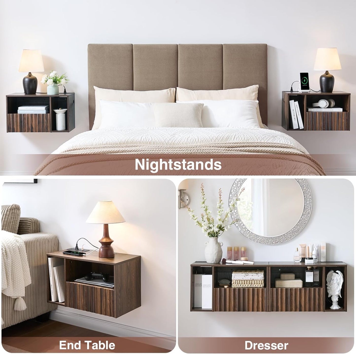 Floating Nightstand with Charging Station, Walnut Fluted Wall Mounted NightStand with Drawers, Bedside with USB Ports and Outlets, Bedroom Furniture (Set of 2)