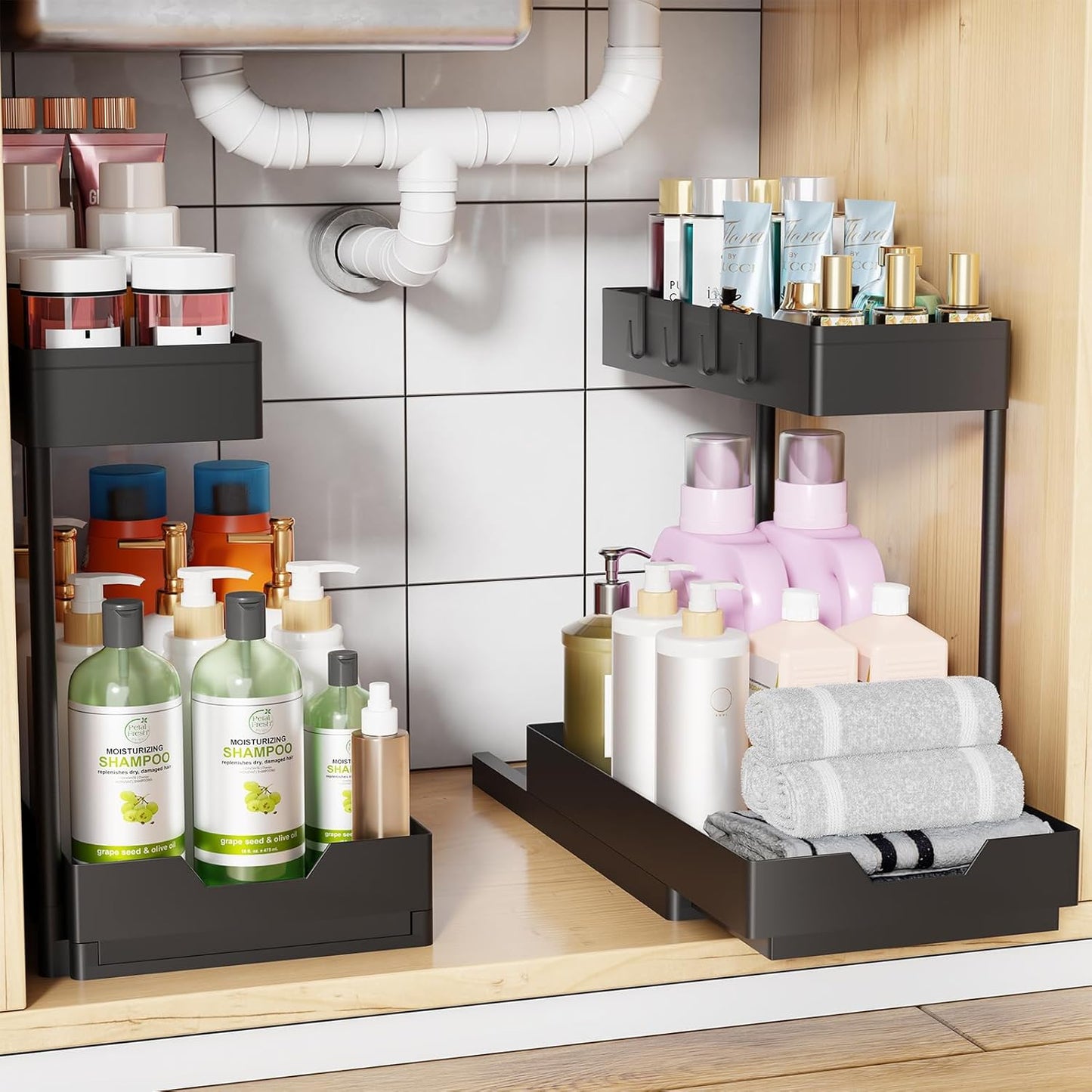Simple Trending Under Sink Organizer 2 Pack, L-Shaped Sink Pull-Out Sliding Storage Cabinet, 2-Tier Under Shelf Organizer for Kitchen Bathroom with Hooks, Black