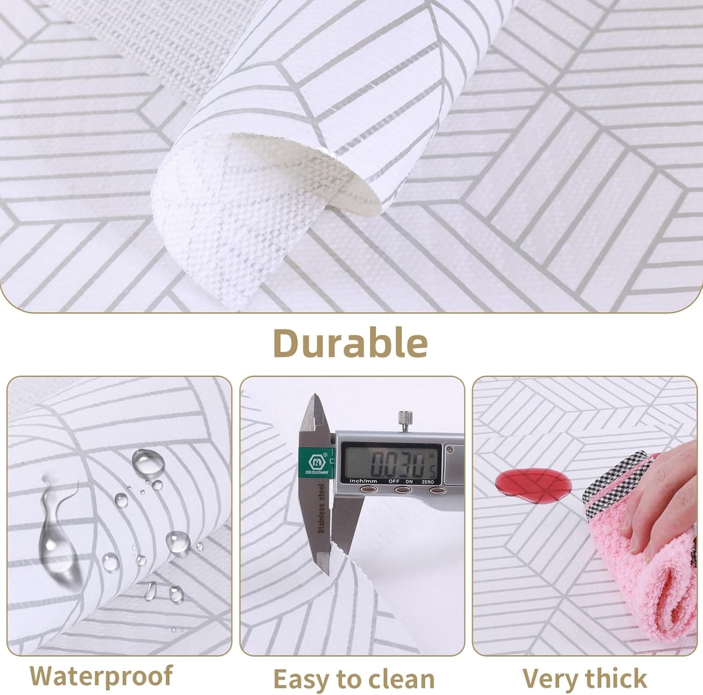 Shelf Liners for Kitchen Cabinets 12in x 20FT, Non Adhesive Cabinet Liner Strong Non-Slip Thickened Silver Geometric Easy to Clean for Shelf, Cabinet, Refrigerator with Knife and Tape Measure