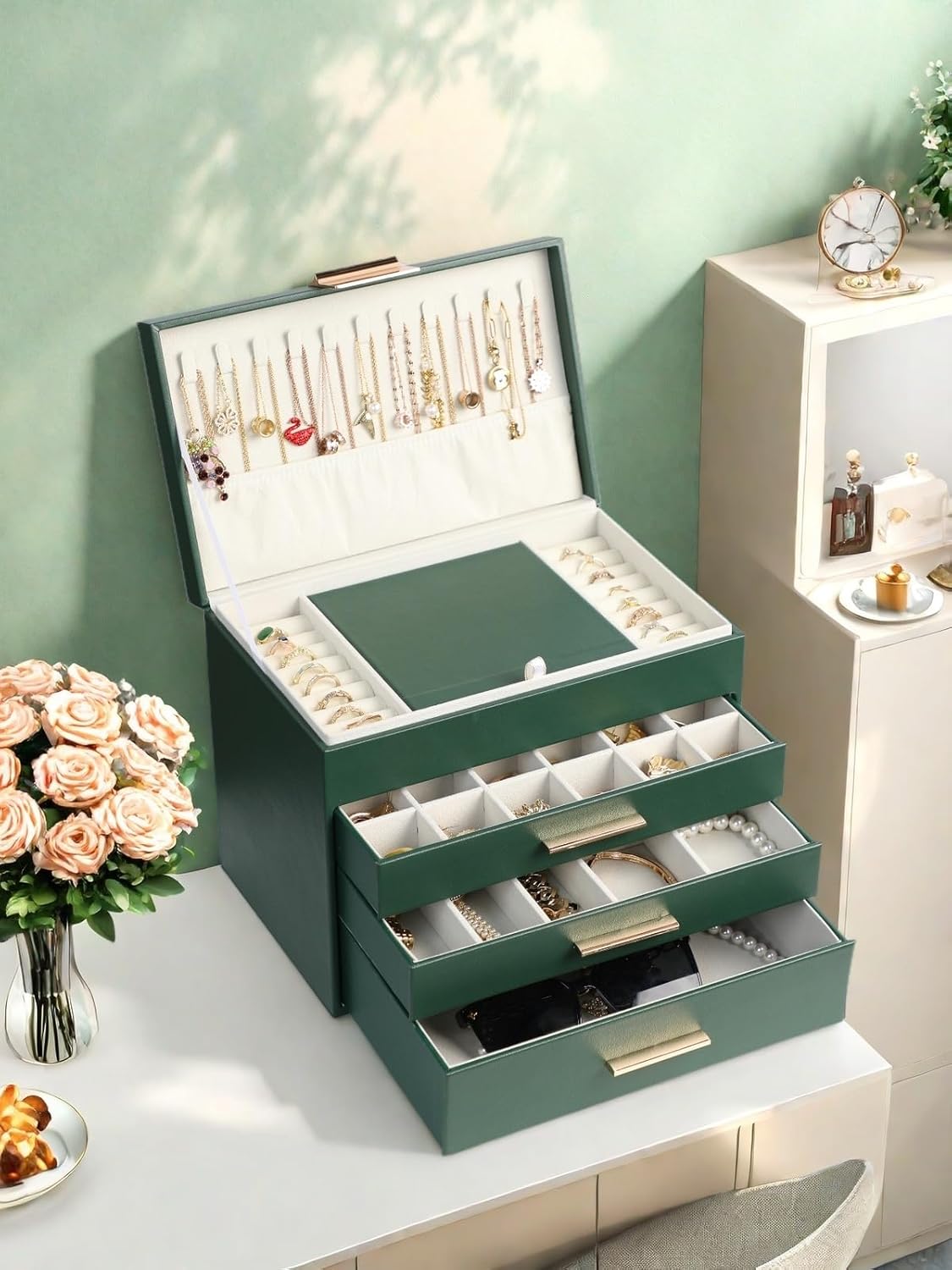 BOOVO Jewelry Boxes for Women, 5 Layer Jewelry Organizer with Necklace Hanger and Drawers, Large Jewelry Box for Earrings, Necklace and Bracelet Storage Gifts for Women and Girls (Green, 5 Layer)