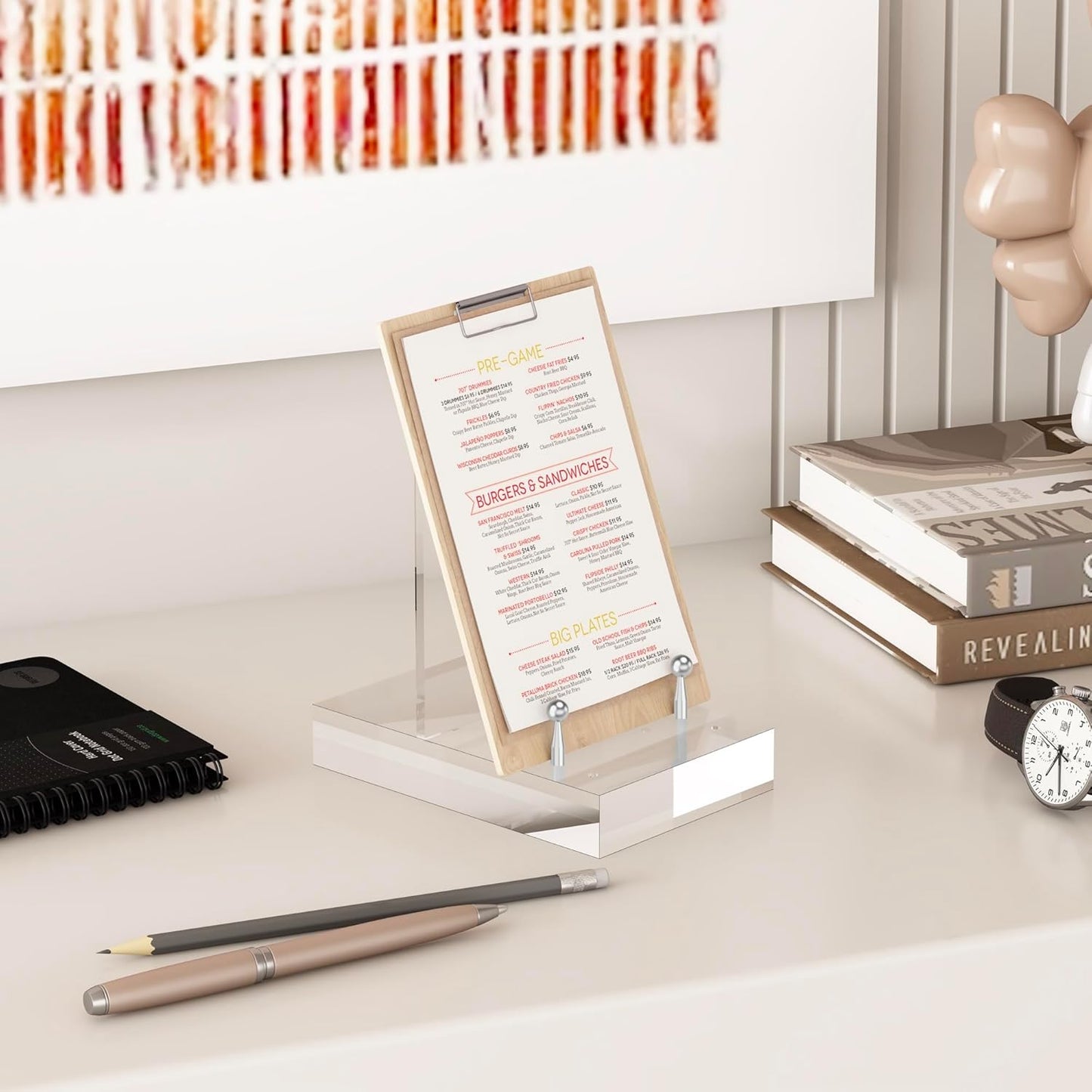 Acrylic Easel Display Stand with Adjustable Silver-Toned Hardware for Pictures, Crystal Clear Acrylic Stand with Floating Appearance for Cookbook, Invitation and Plates