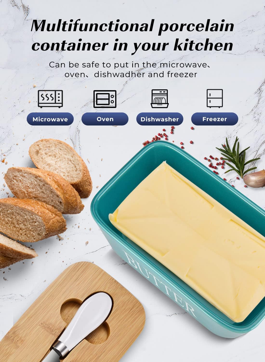 Butter Dish with Lid: Large Butter Container for Countertop - Ceramic Butter Holder for Counter - Butter Tray Butter Keeper with Knife and Sponge Scrubber - Perfect for 2 Sticks of Butter Green