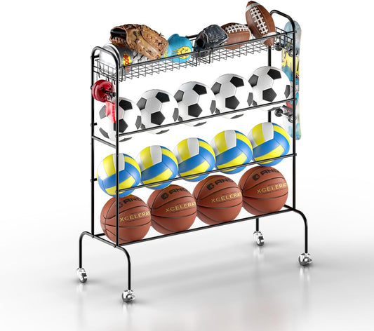 Ball Storage - Basketball Cart With Wheels Garage Volleyball Storage Sport Equipment Holder Organizer For Indoor Outdoor,Metal Storage Rack For Playgroup,Gym And School
