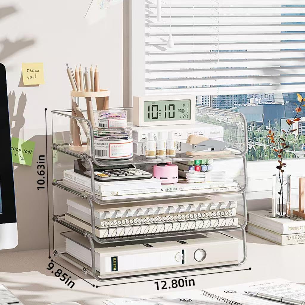4-Tier Transparent Desktop Organizer with Stackable A4 Document Trays,Ideal for Organizing Desk Accessories,Sticky Notes,and Pens