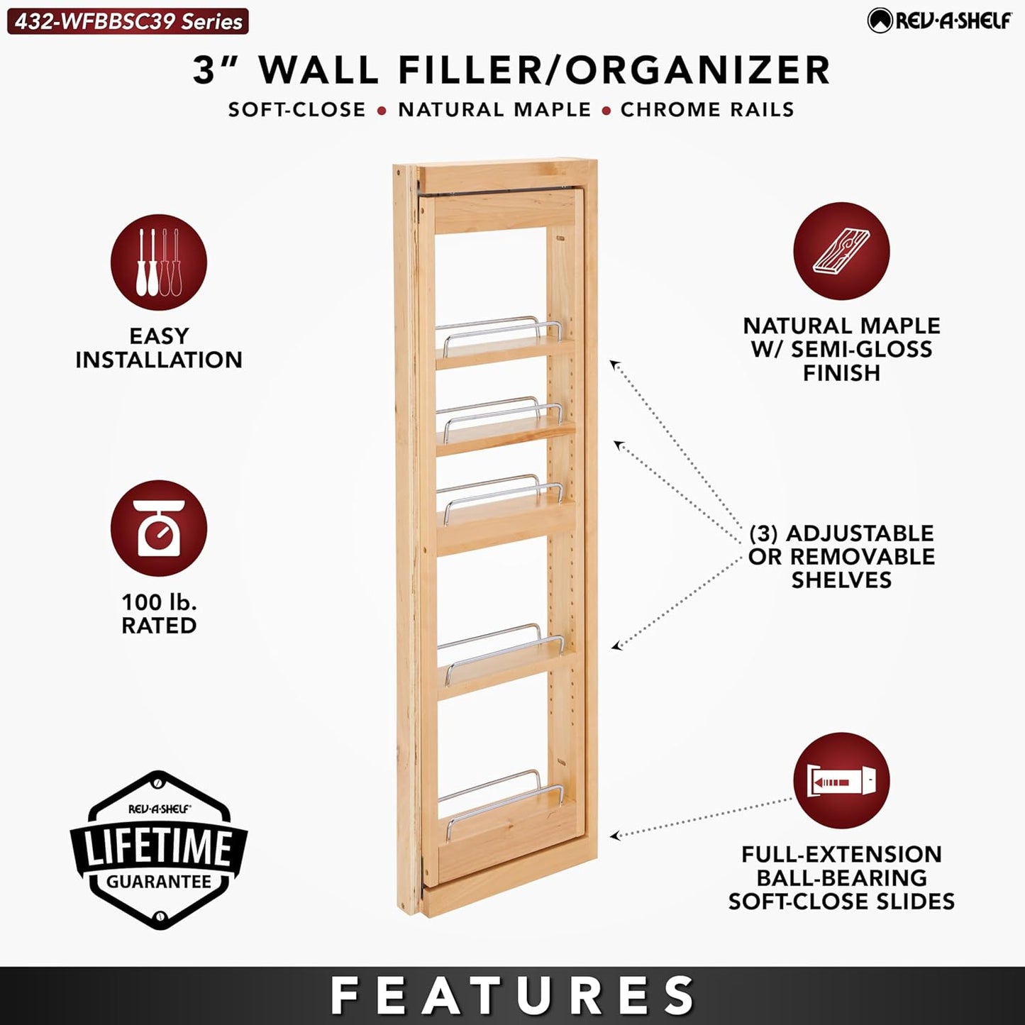 Wood Wall Filler Pull Out for 39" H New Kitchen Applications w/BB Soft Close