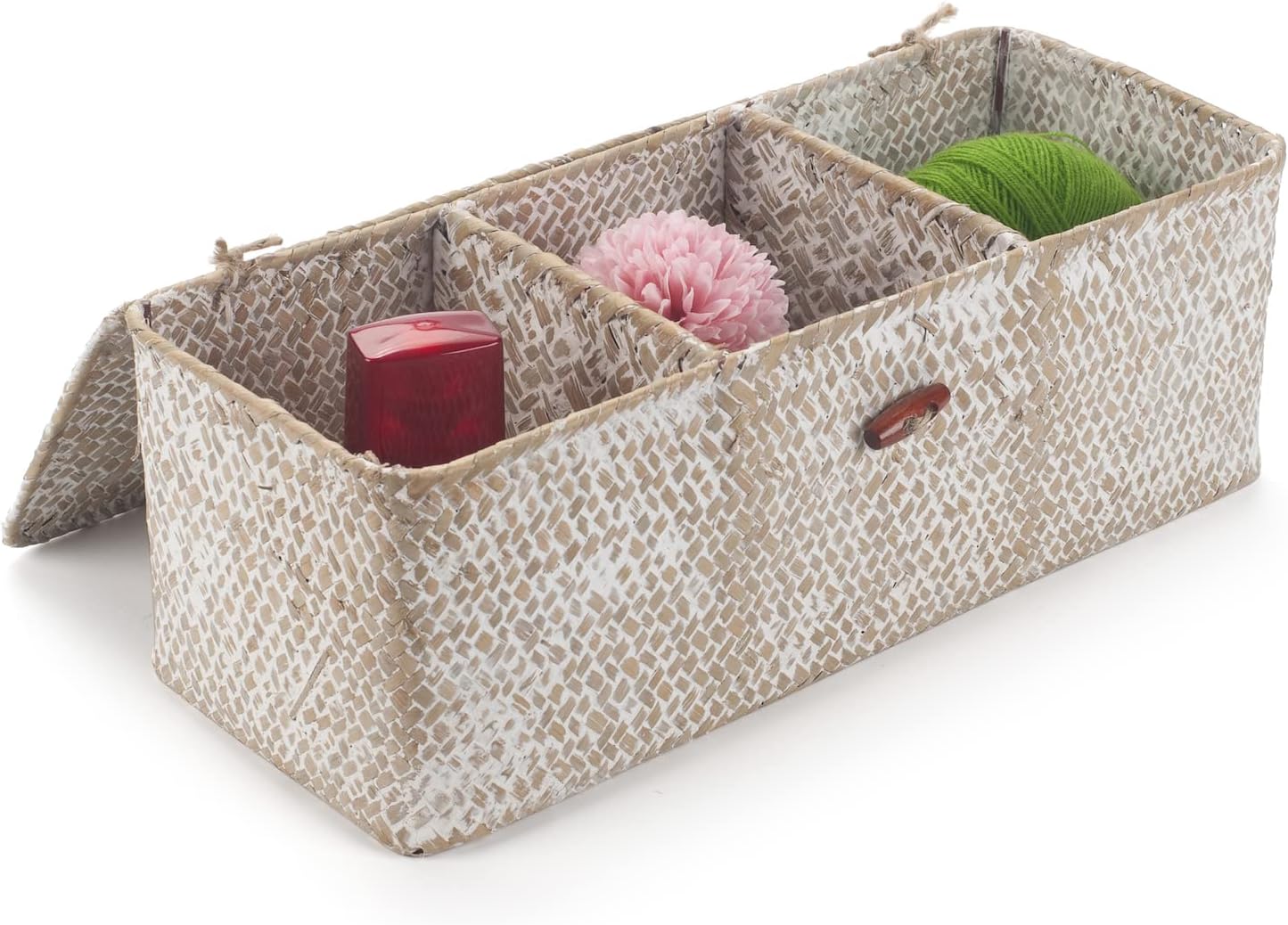 Seagrass Storage Basket with Lid Rectangular Small Woven Shelf Baskets with Sections for Organize Snack Toys Whitewash