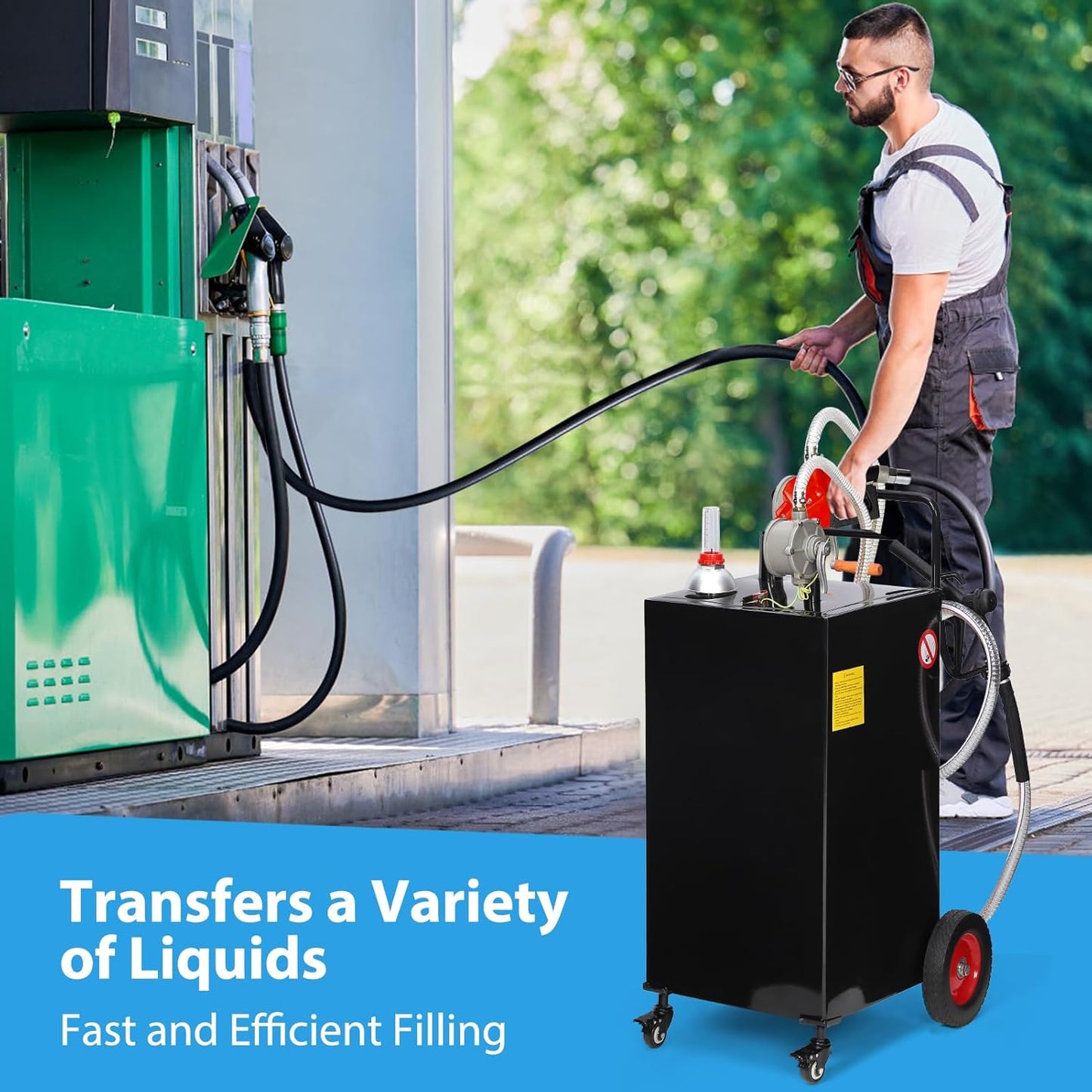35 Gallon Gas & Diesel Fuel Caddy with Transfer Pump – Mobile Fuel Storage Tank with 4-Wheel Cart for Boats, Lawn Mowers, Snowblowers, Motorcycles & Construction Equipment - Black