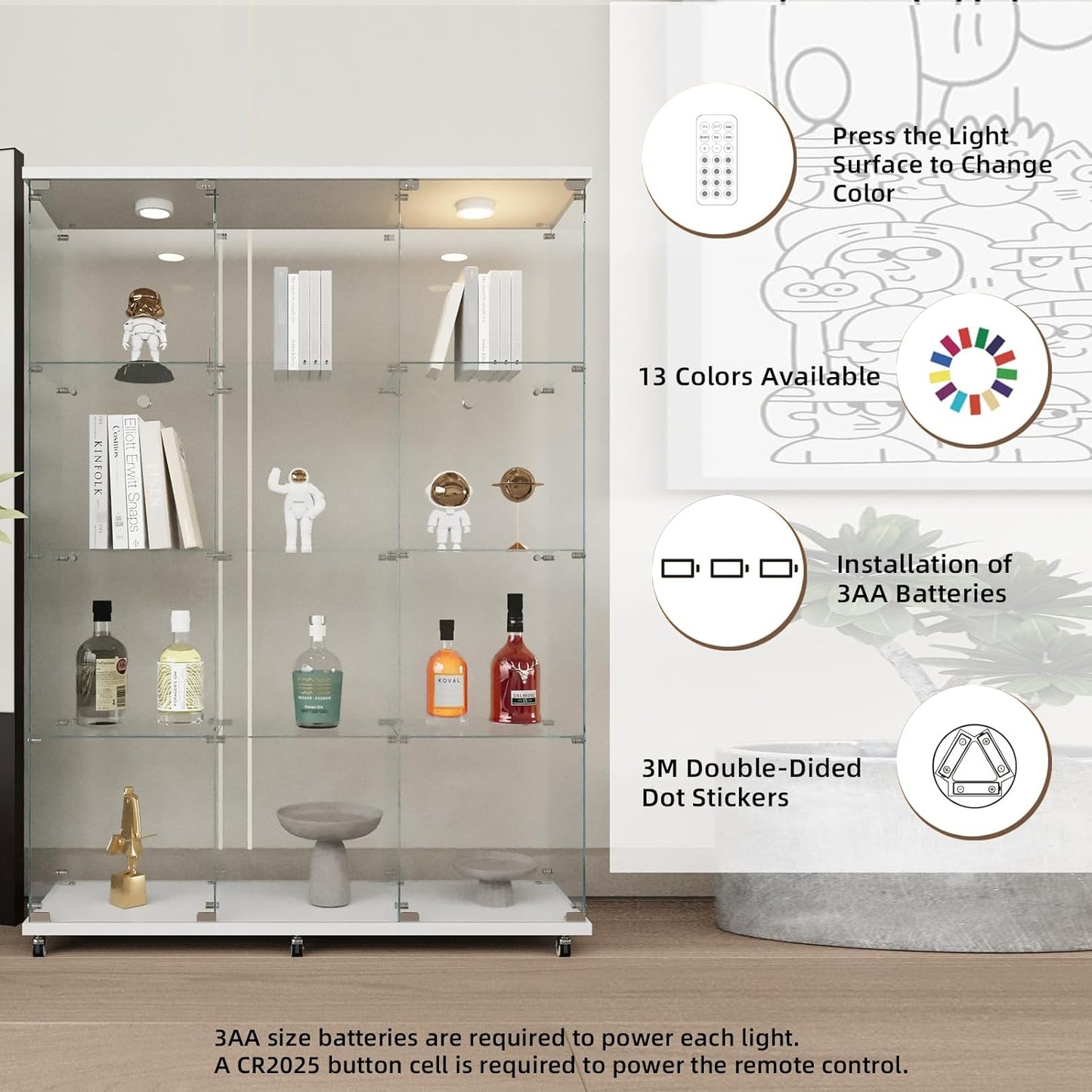 Beauty4U Glass Display Cabinet with LED Lights, Extra Large 3 Columns 2 Doors Curio Cabinets with 12 Shelves for Living Room, Bedroom, Office, White Floor Standing DIY Glass Bookshelf