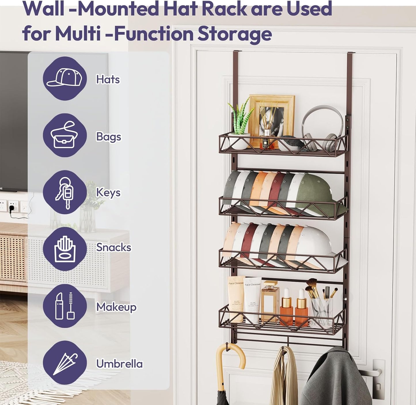 SWTYMIKI Over Door Hat Organizer - 5 Tier Wall Mounted Hat Rack with 4 Adjustable Metal Basket and 3 Hooks, Hanging Baseball Cap Organizer Storage Holds up to 49 Caps for Door, Bedroom, Closet