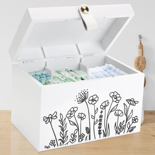 100% Solid Wood Tampon Holder Box with Lid, Copper Leather Pull, Absolute Real Wood Bathroom Decorative Box for Feminine Product Storage and Accessories such as Tampons, Cotton Balls, Gifts for Women