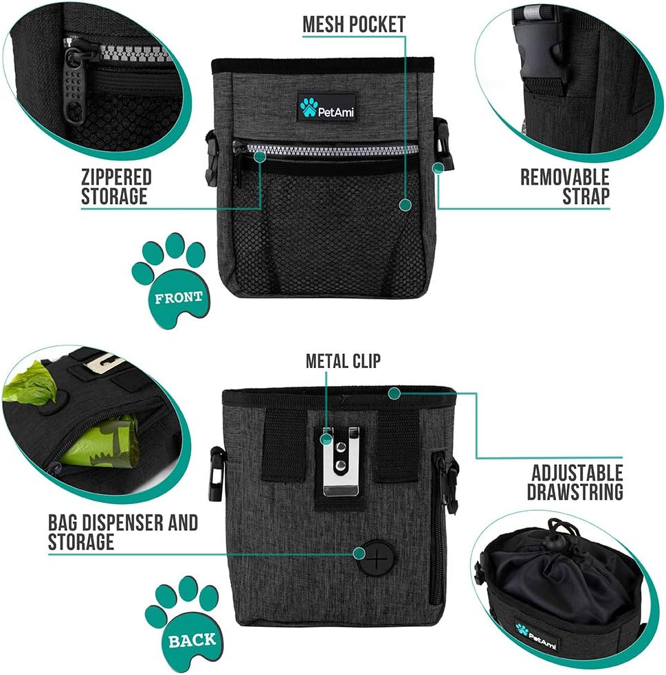 PetAmi Dog Treat Pouch, Pet Treat Pouch for Training, Dog Walking Bag Holder for Kibbles, Pet Food Toy, Dog Trainer Essentials Supplies, Poop Bag Dispenser, 3 Ways to Wear (Charcoal)