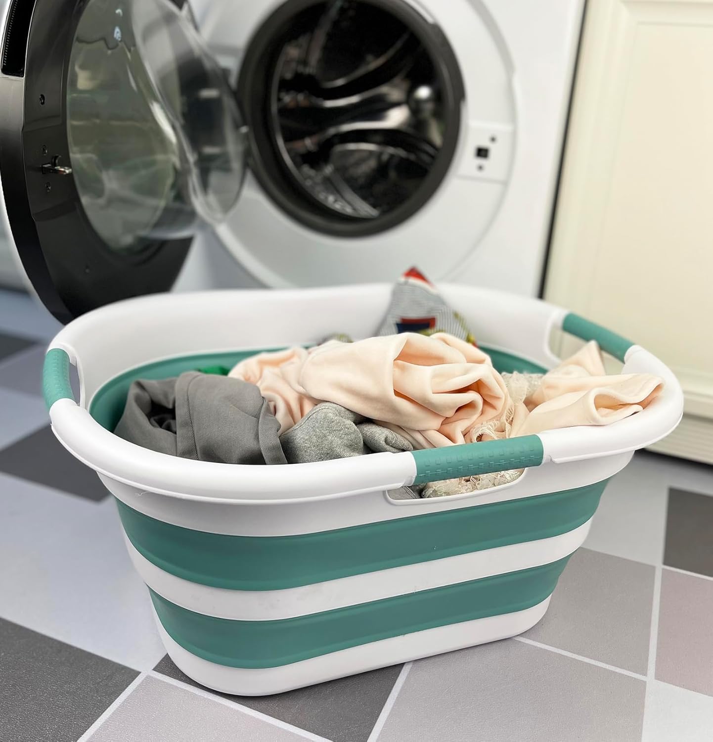 SAMMART 40L (10.5 gallon) Collapsible Plastic Laundry Basket - Space Saving Storage Container/Organizer - Portable Washing Tub - Foldable Pop Up Hamper/Basket (1, White/Celadon Green)