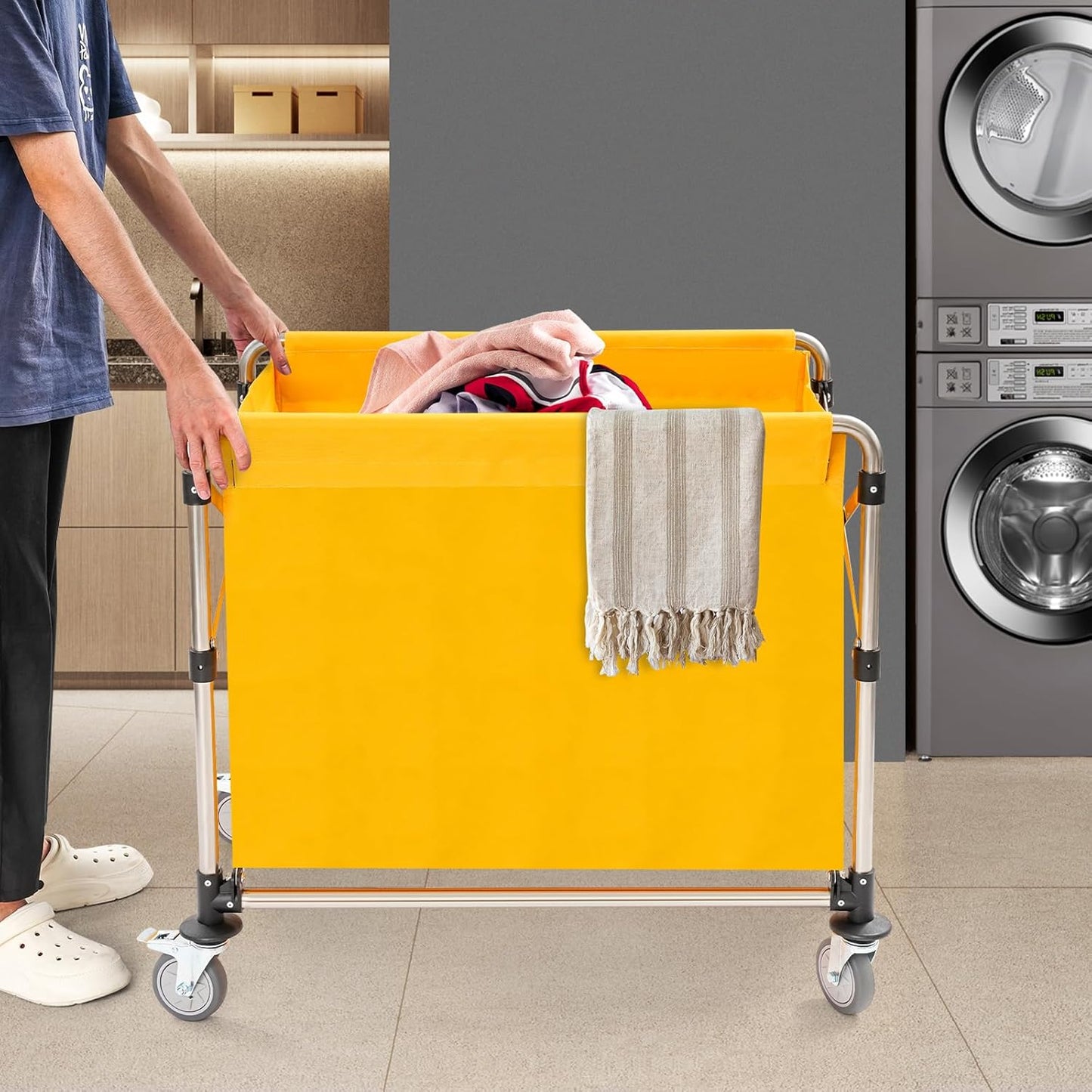Commercial Laundry Cart with Wheels,Folding Laundry Hamper Cart,Heavy Duty Rolling Laundry Basket with Large Capacity,Laundry Sorter Trolley for Home Hotel Apartment (Yellow, 34.25 * 20.47 * 30.7in)