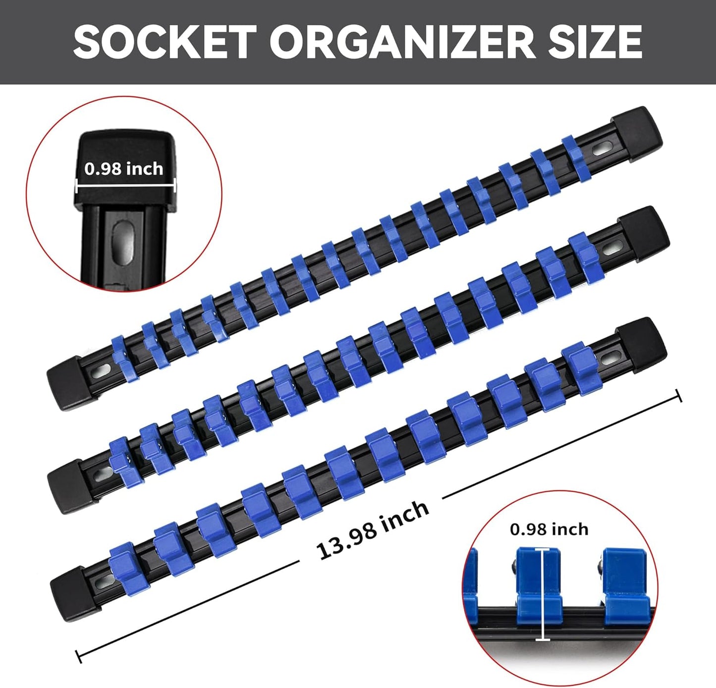 Socket Organizer Drive ABS Tools - Blue Socket Holder, Premium Quality 12 Pieces Socket Holders Kit 1/4-Inch x 64 Clips, 3/8-Inch x 60 Clips, 1/2-Inch x 48 Clips（12PC,Blue)