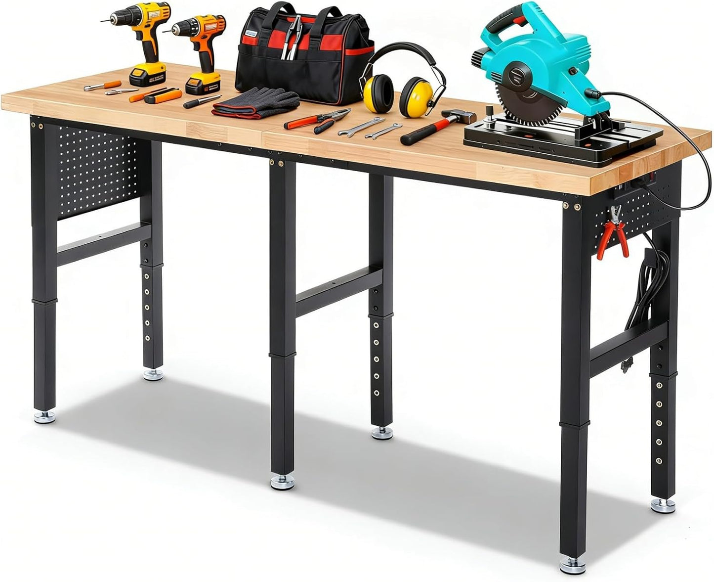 Work Bench 72 Inch Adjustable Height Workbench with Power Outlets & Extended Pegboard 5000 lbs Load Capacity Heavy Duty Work Table for Garage, Workshop, Home, Office