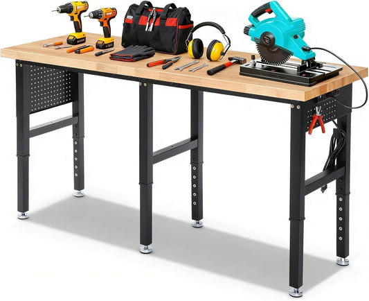 Work Bench 72 Inch Adjustable Height Workbench with Power Outlets & Extended Pegboard 5000 lbs Load Capacity Heavy Duty Work Table for Garage, Workshop, Home, Office