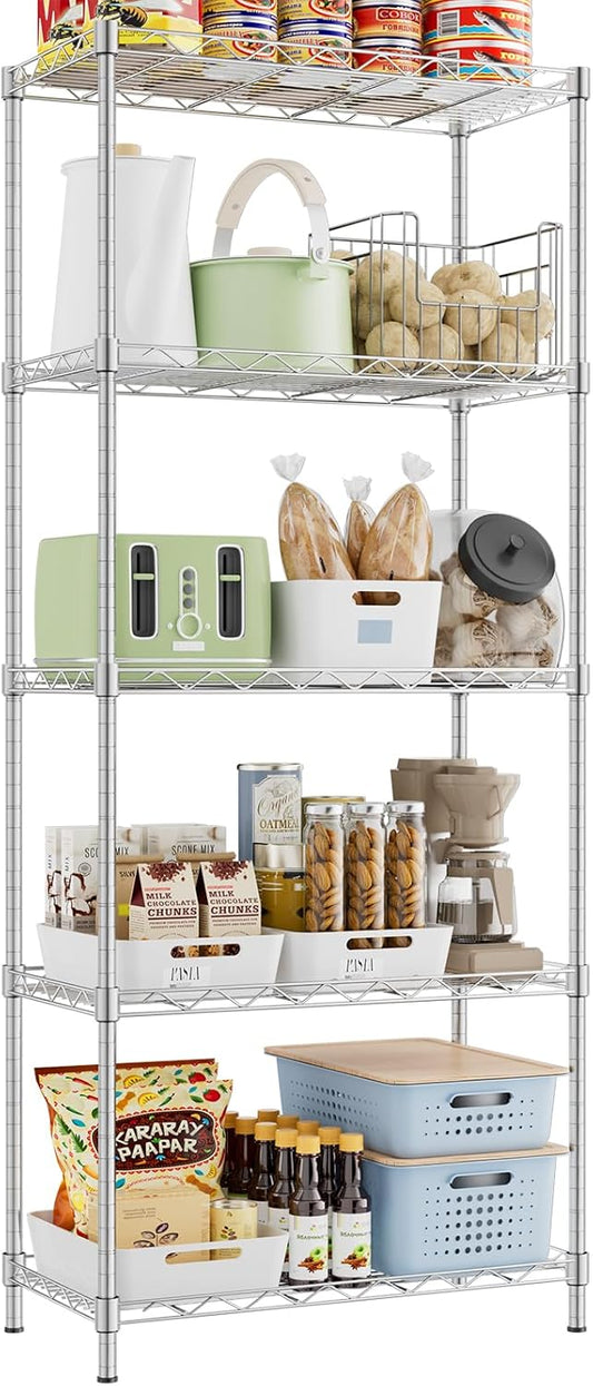 Storage Shelves,21.3"W*11.8"D*58.5"H Kitchen Wire Shelving Unit Loads 550LBS,5-tier Adjustable Metal Utility Shelf,Garage Shelves,Home Storage Rack for Kitchen,Laundry,Pantry and Closet,Chrome