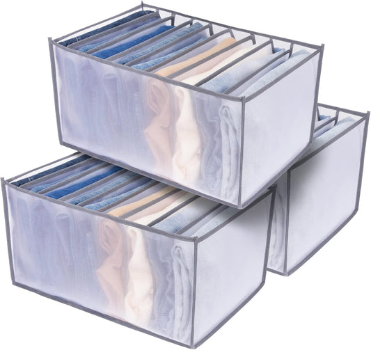 TOOVREN Jeans Organizer Extra Large 9 Grids, Closet Organizer with Foldable Drawer Compartments, Washable Clothing Storage Box 3-Pack