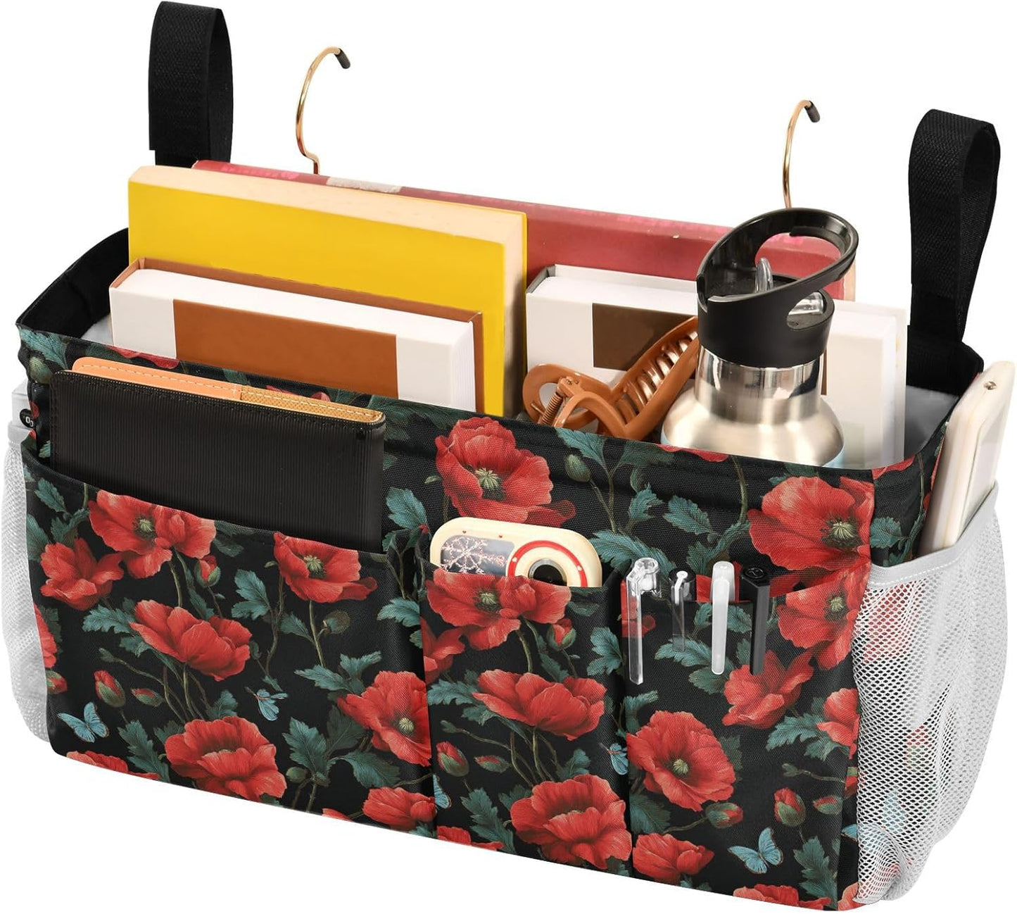 Poppy Butterfly Leaf Bedside Caddy for Dorm Bed Bedside Hanging Caddy Bag Iron Frame Storage Organizer Pocket for Bunk Home College Hospital Beds 2 Hooks