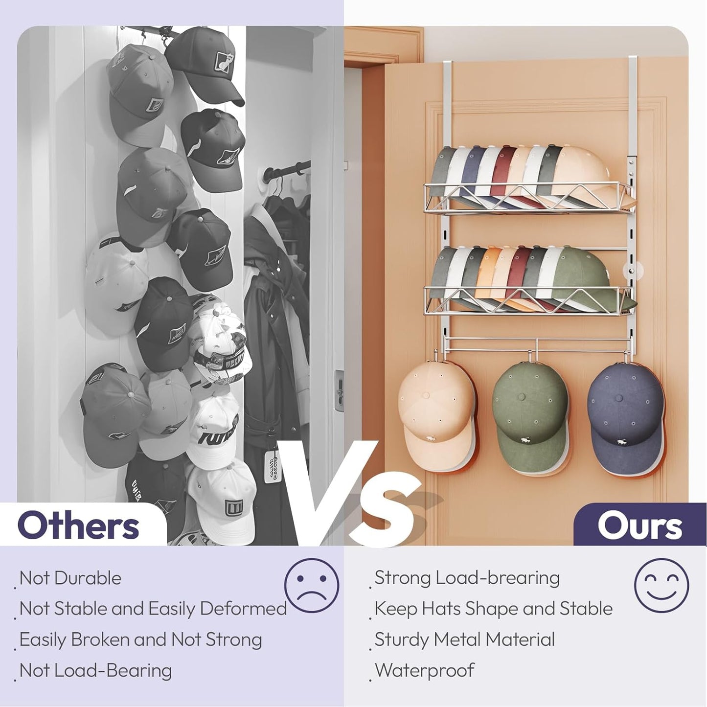 SWTYMIKI Over Door Hat Organizer - 3 Tier Wall Mounted Hat Rack with 2 Adjustable Metal Basket and 3 Hooks, Hanging Baseball Cap Organizer Storage Holds up to 29 Caps for Door, Bedroom, Closet