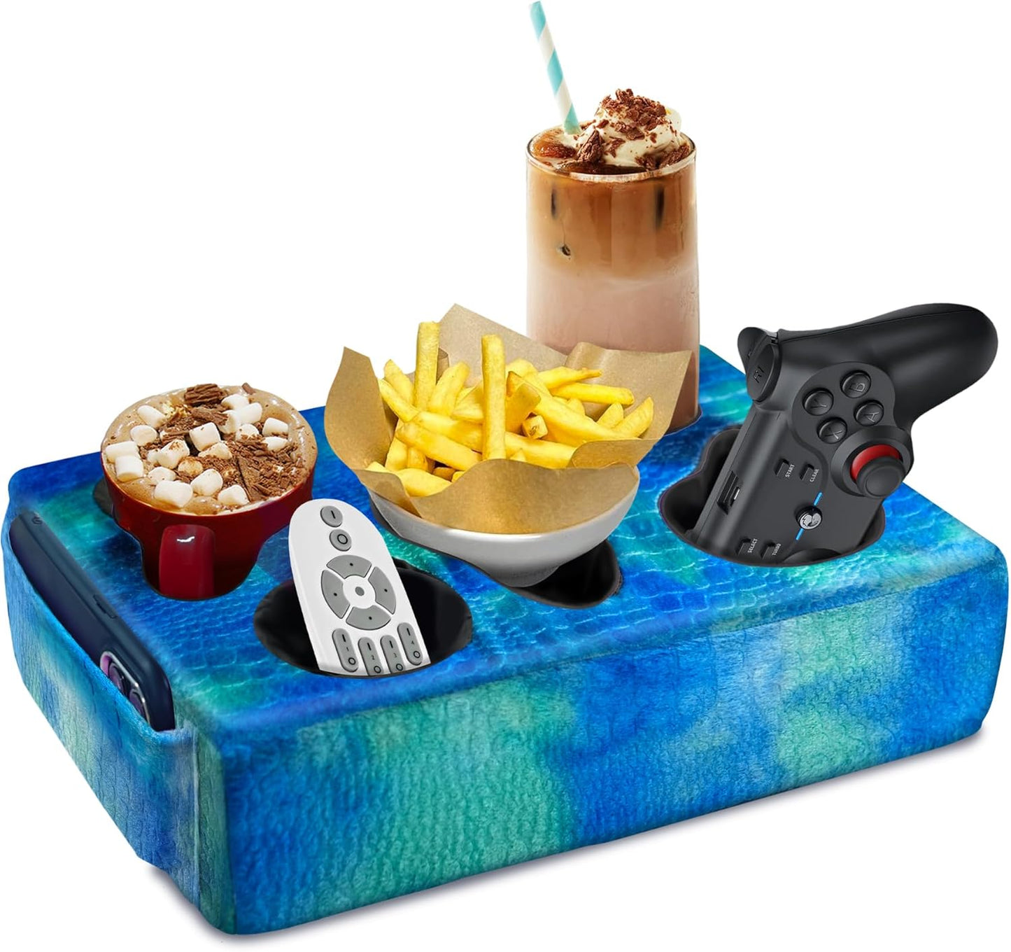 Couch Cup Holder Pillow, 5 Hole Couch Drink Holder! Keep Drinks Hand Side and Keep Temp, Prevent Spills and Use Anywhere. Cup Holder for Couch, Bed, Camping, RV, Car, Beach. Blue