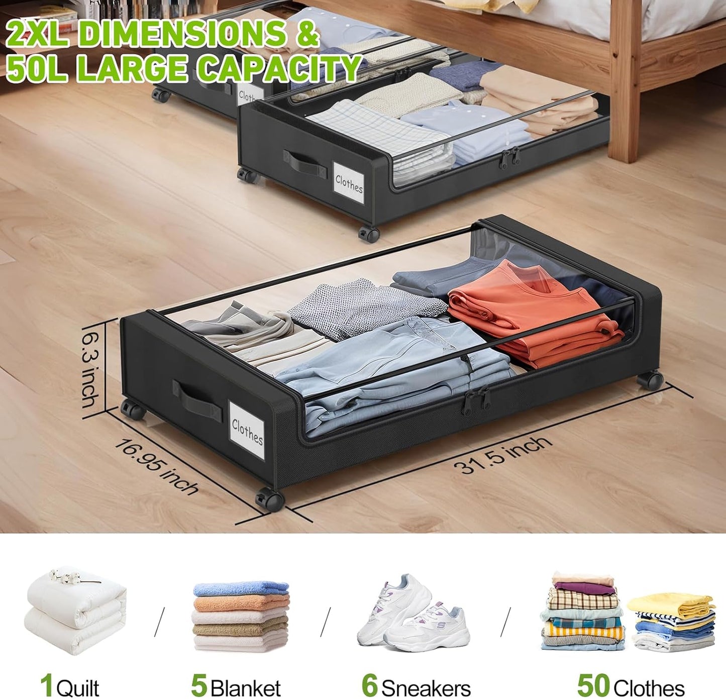 Under Bed Storage with Wheels, 2-Pack Underbed Storage Containers with Clear Lids, Under Bed Shoe Storage Organizer, Rolling Under the Bed Storage Bins for Clothes Shoes Blankets (Black)