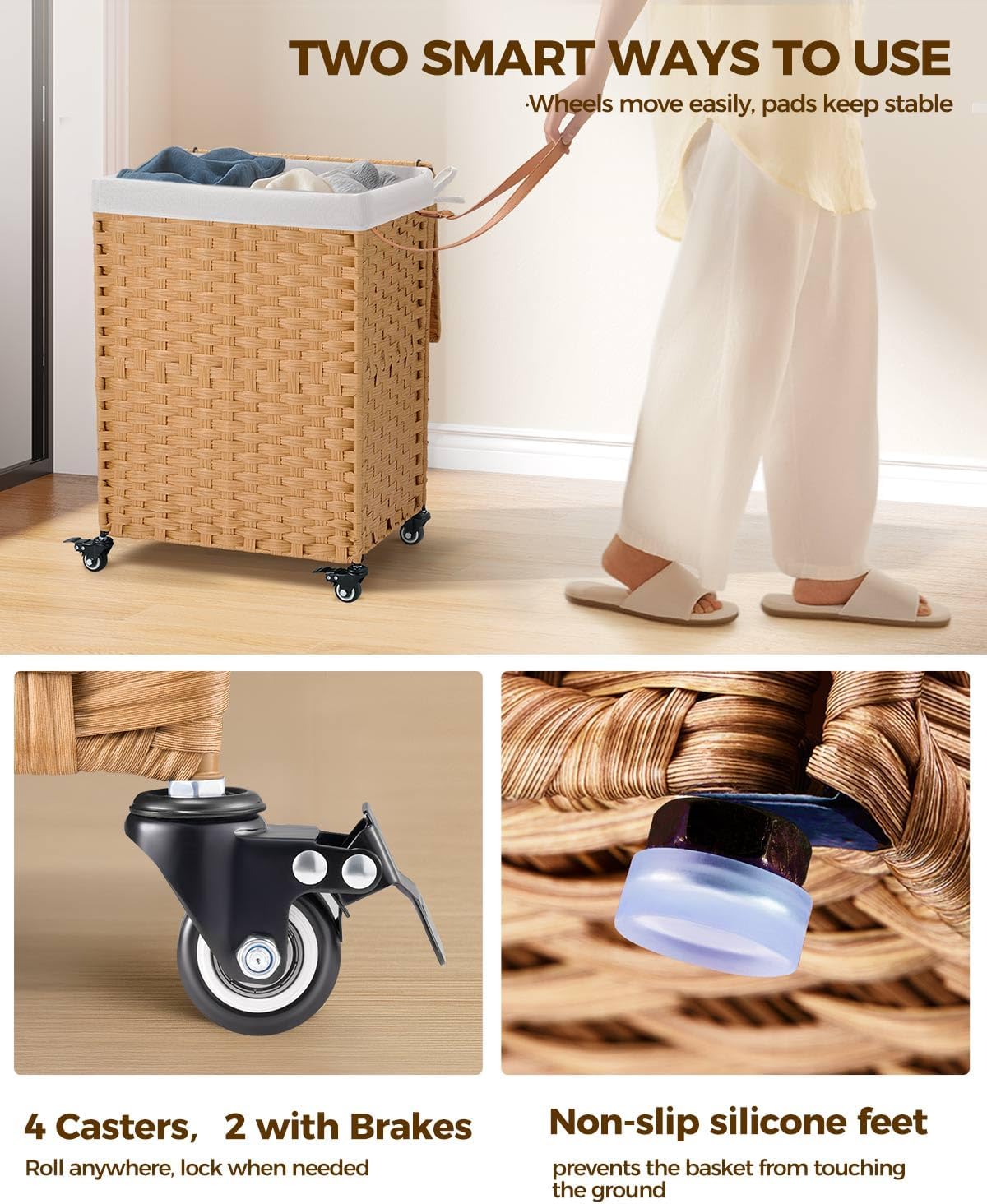 Greenstell Laundry Hamper with Wheels, No Install Needed, 110L Divided Handwoven Hampers & 2 Removable Liner Bags, Synthetic Rattan Clothes Laundry Basket with Lid & Handles, Foldable Hampers Natural