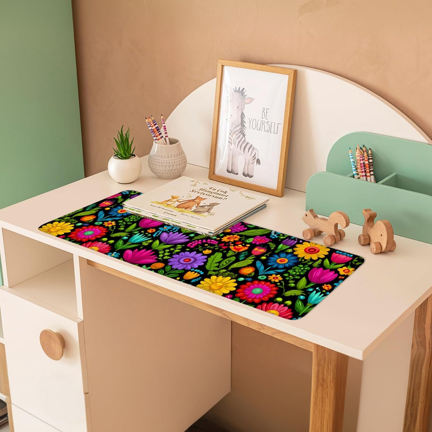 Folk Art Floral Mouse Pad – Large Extended Desk Mat 31.5 x 11.8 in– Colorful Boho Flowers on Black Background, Waterproof Surface, Non-Slip Rubber Base, Oversized Mouse & Keyboard Pad