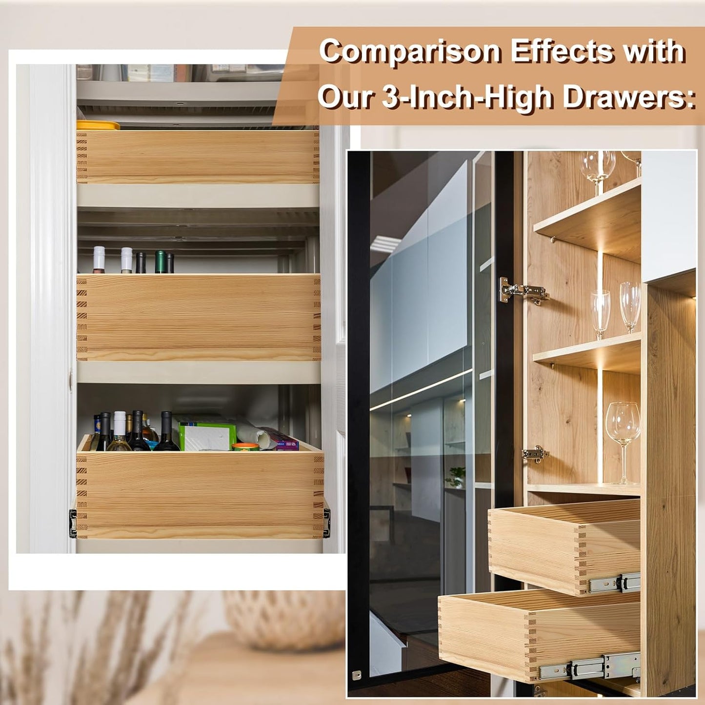 Menkxi 2 Set Pull out Tray Cabinet Organizer Wooden Pull Drawers storage Slide out Pantry Shelf for Base Cabinet Kitchen Gentle Close Fully Assembled Accessories(Wood Color,15'' X 21'' X 5'')