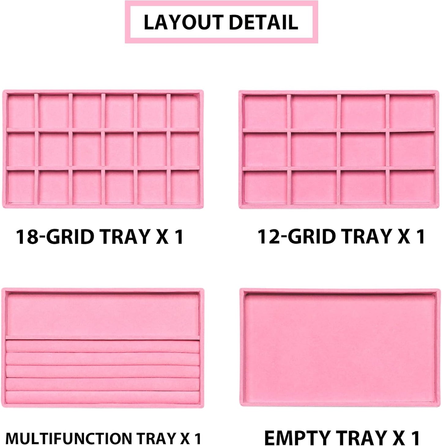 Frebeauty Jewelry Organizer Tray,Stackable Velvet Jewelry Trays,Drawer Inserts Earring Organizer For Women Jewelry Storage Display Case for Rings Stud Necklaces,Set of 4(Pink)