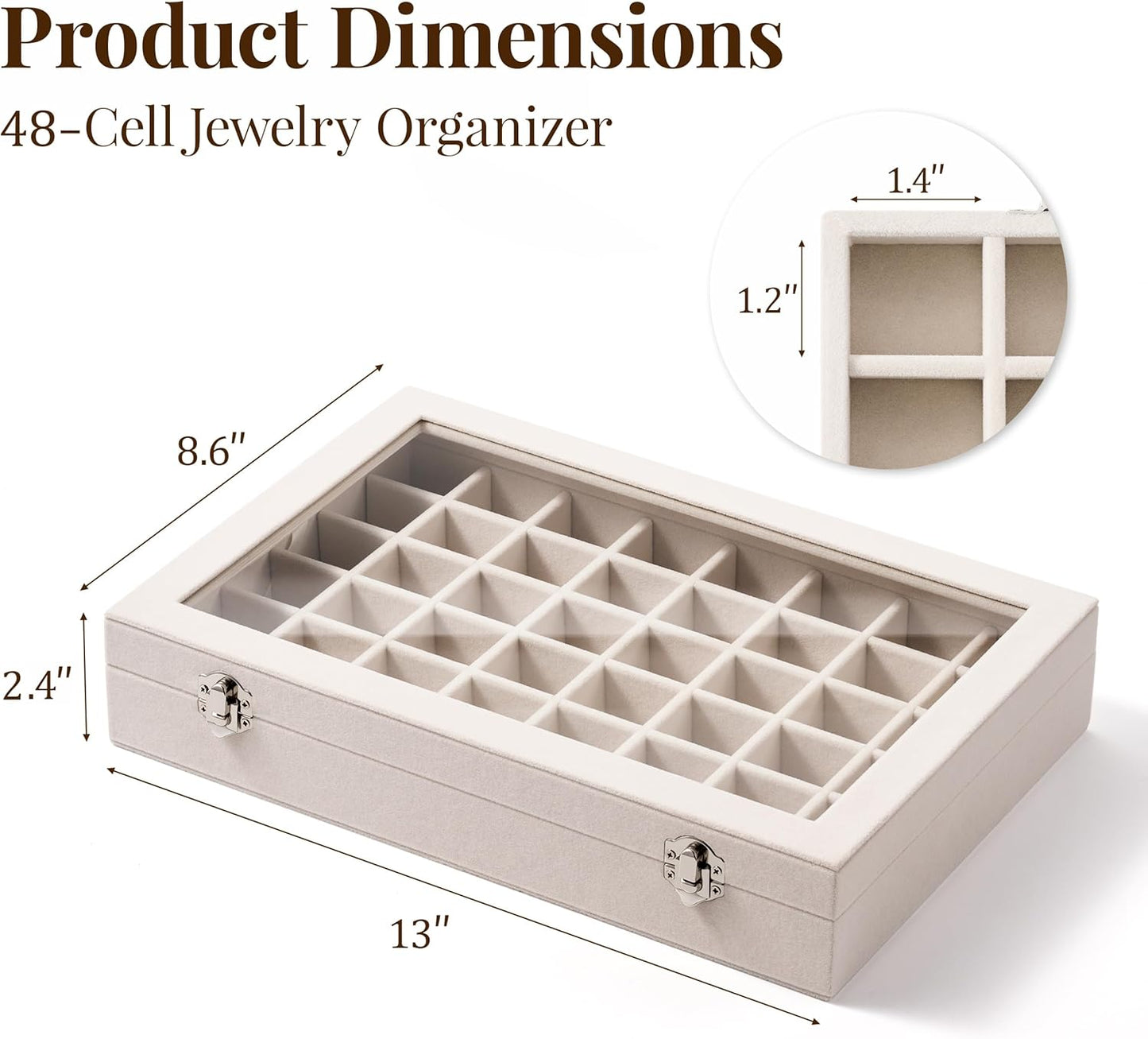 48 Grid Earring Organizer and Storage: Velvet Jewelry Tray with Lid, Jewelry Box for Studs, Earrings, Rings, Necklaces, Dresser & Vanity, Earrings Case for Girls, Women, Beige