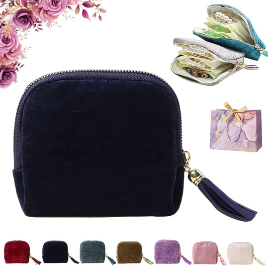Travel Jewelry Case, Portable Jewelry Storage Bag, Compact Foldable Five Compartments Organizer Pouch with Zipper & Tassel for Earring Necklace Ring Bracelet (Dark blue)