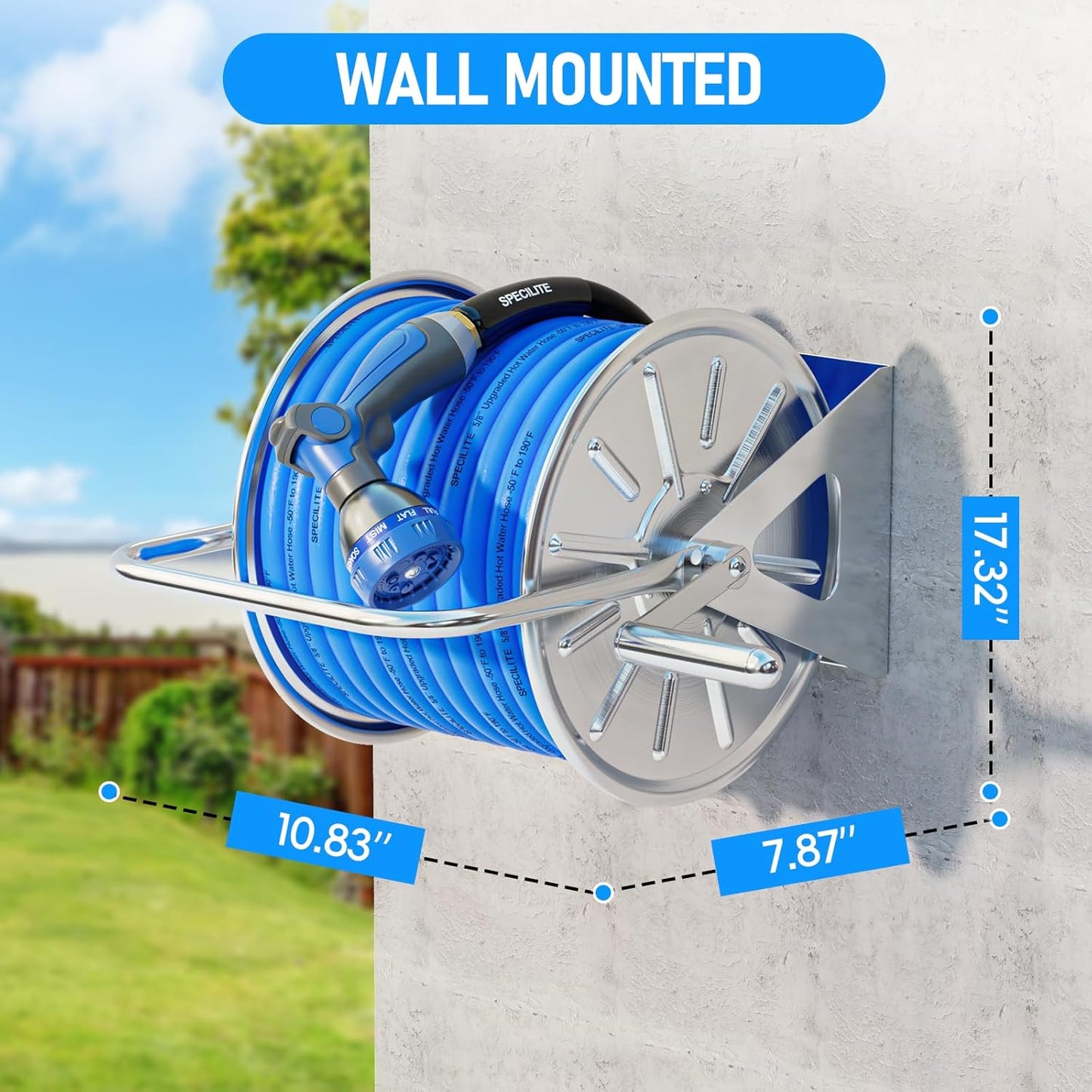 SPECILITE Stainless Steel Garden Hose Reel with 5/8'' x Hot/Cold 75 FT Water Hose and 6FT Leader Pipe, -50℉ -190℉, Wall/Floor Metal Mounted Spool Storage, UV Resistantfor Outside, Yard, Patio