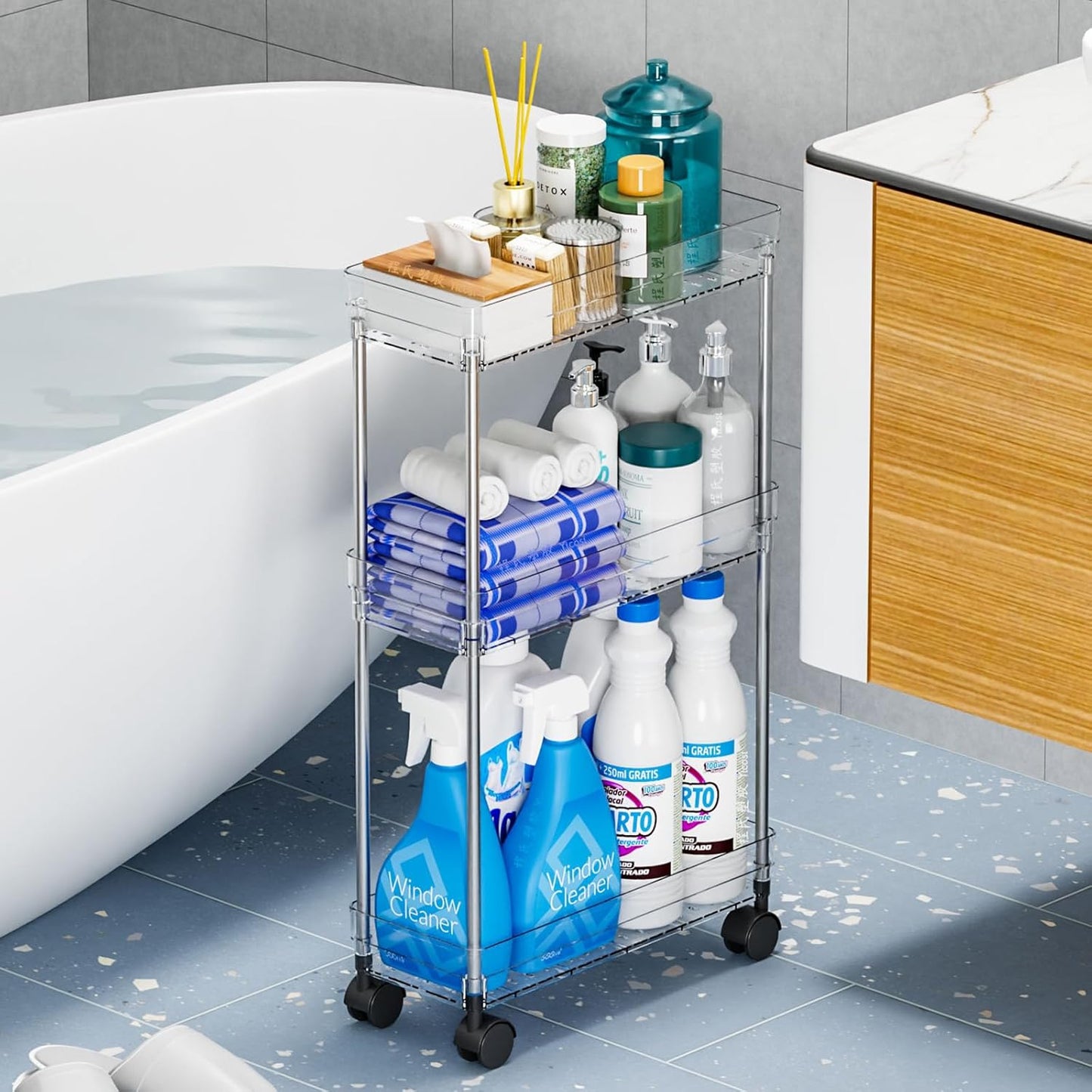 Yieach Clear 3 Tier Slim Rolling Storage Cart with Wheels,6.3″W Thin Shelf,Bathroom Storage Cabinet,Skinny Laundry Cart,Narrow Laundry Room Cart Between Washer and Dryer,Skinny Shelves for Small Space