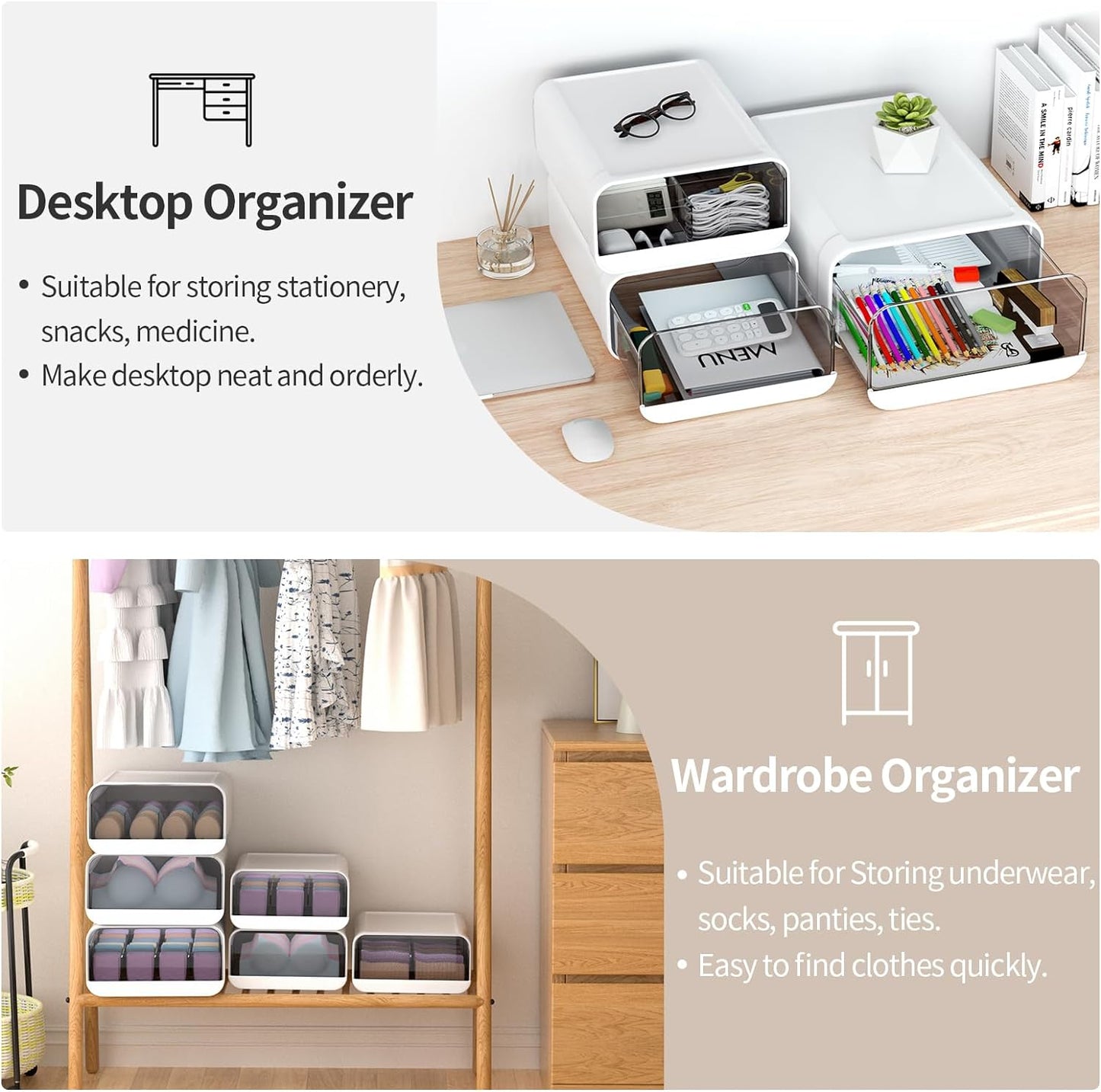 Underwear Organizer Drawer, 1 Cell Plastic Sock Underwear Storage Drawer, Stackable Closet Organizers and Storage Box for Bras, Socks, Scarves, Ties, Belt (Queen Size-White, 1 Pcs)