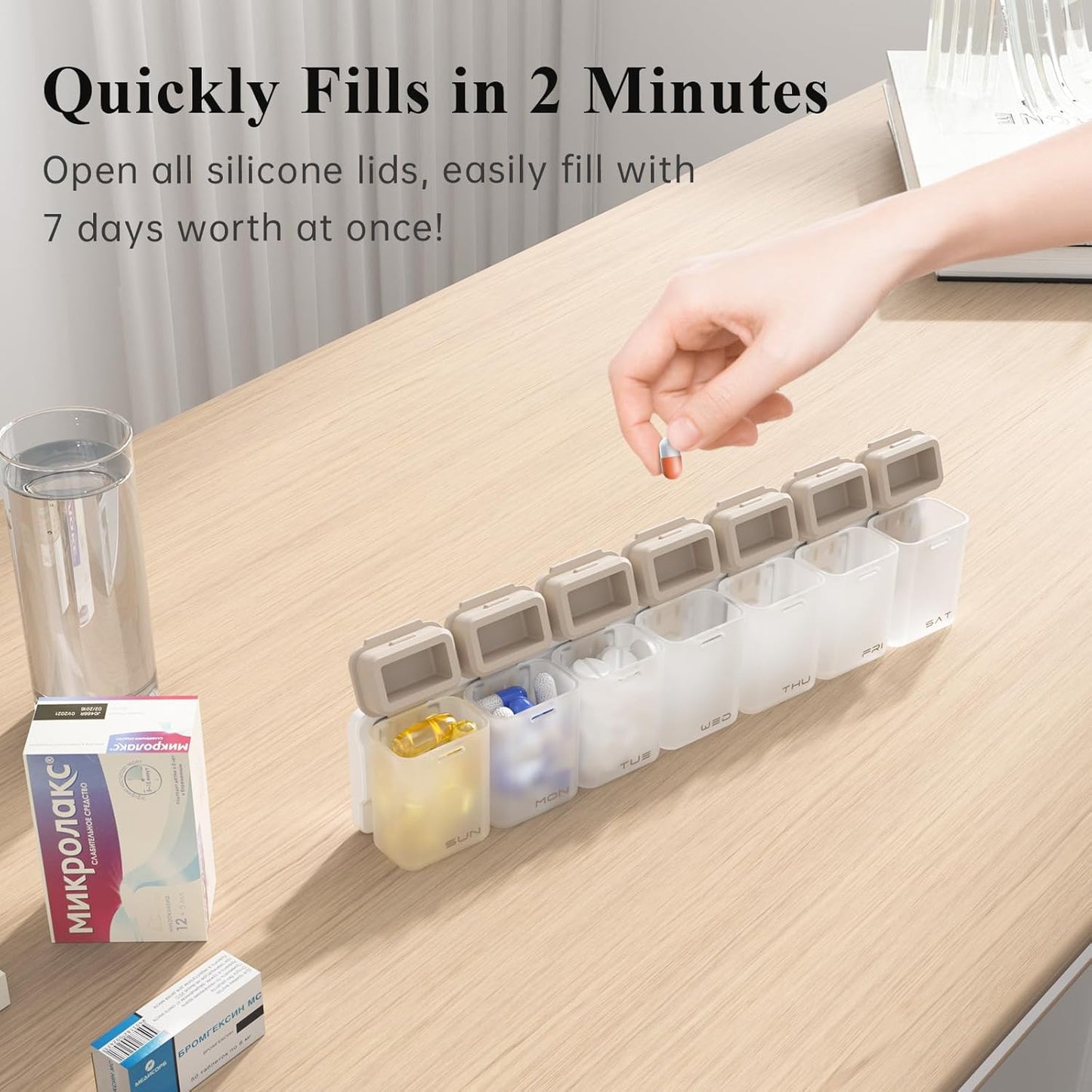 Weekly Pill Organizer Magnetic, Removable Pill Box 7 Day 1 Time a Day, Large Pill Case Travel, Week Once Daily Medication Dispenser, Medicine Container Holder for Supplement Vitamin, Brown