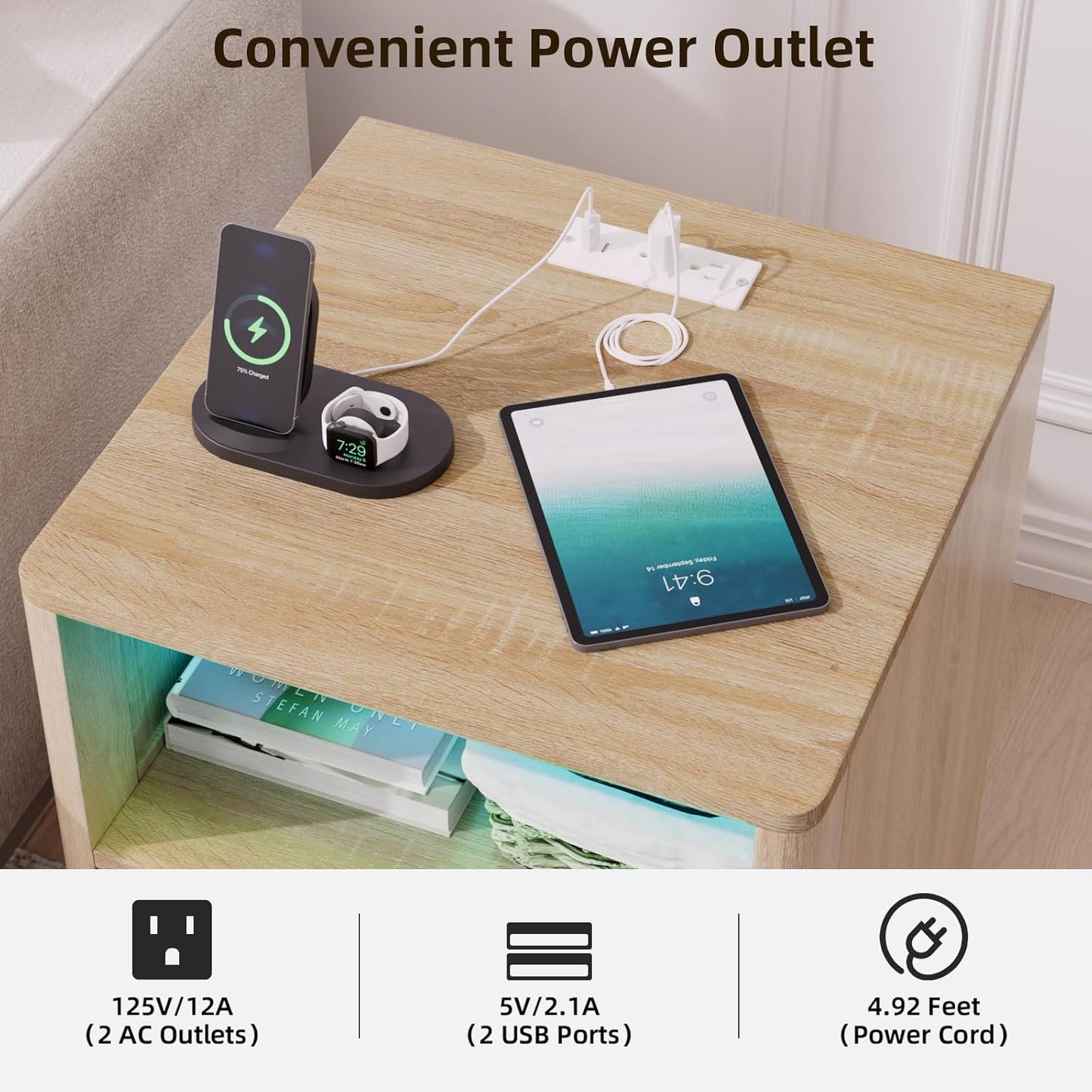 VOWNER Fluted Nightstand with Charging Station, 18” RGB Night Stand with 2 Drawers, End Table with Storage Shelf, Curved Profile Design Side Table, Bedside Table for Bedroom Living Room, Oak