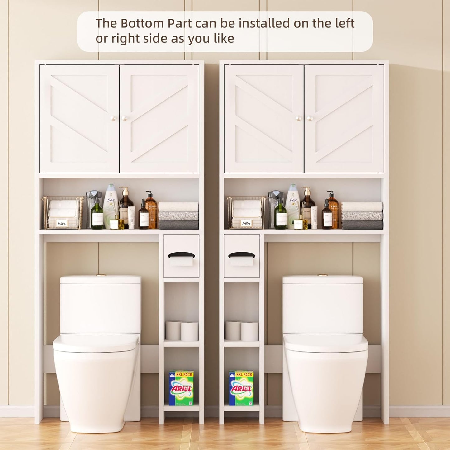 Shintenchi Over The Toilet Storage Cabinet, Bathroom Storage Cabient with Barn Doors, Bathroom Storage Shelf Organizer with Toilet Paper Holder, Adjustable Shelf and Anti-Tip Device, White