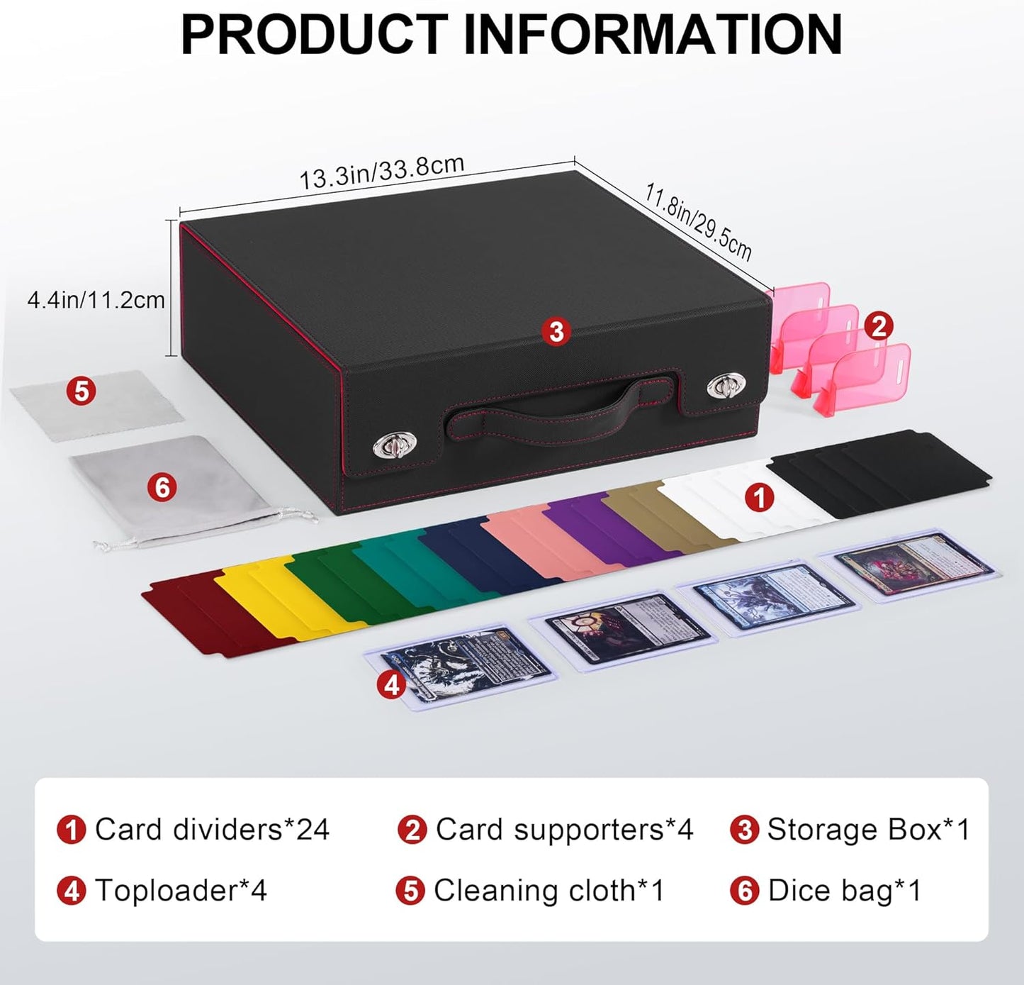 Marsguard Trading Card Storage Box with Portable Handle, 3000+ MTG Storage Box with 4 Card Stoppers Commander Display Deck Box Card Case Top Loaders MTG TCG Sports Cards Commander Deck Box(Black&Red)