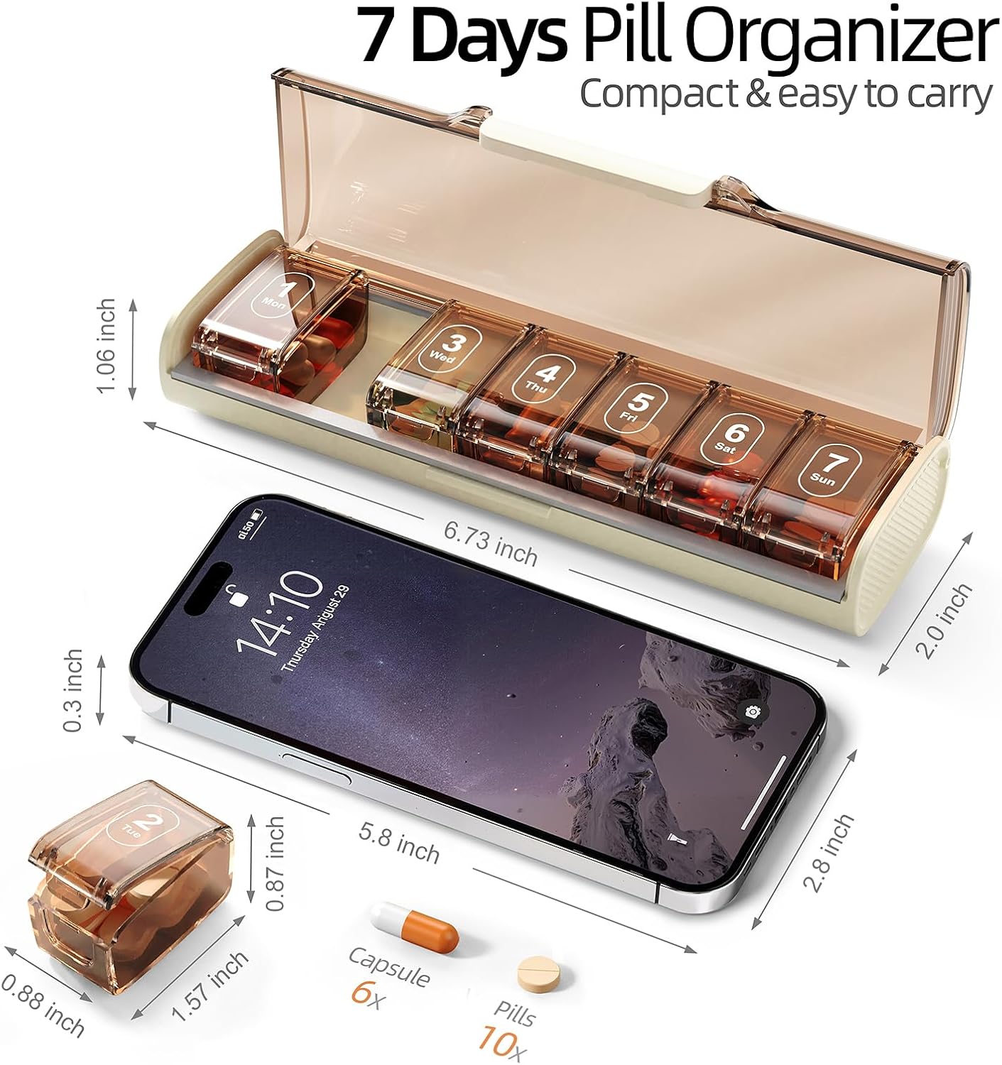Weekly Pill Organizer,Portable 7 Day Pill Box,Moisture Proof Medicine Pill Organizer,Travel Pill Case with BPA-Free Material,Pocket-Size for Supplements & Vitamins (White)