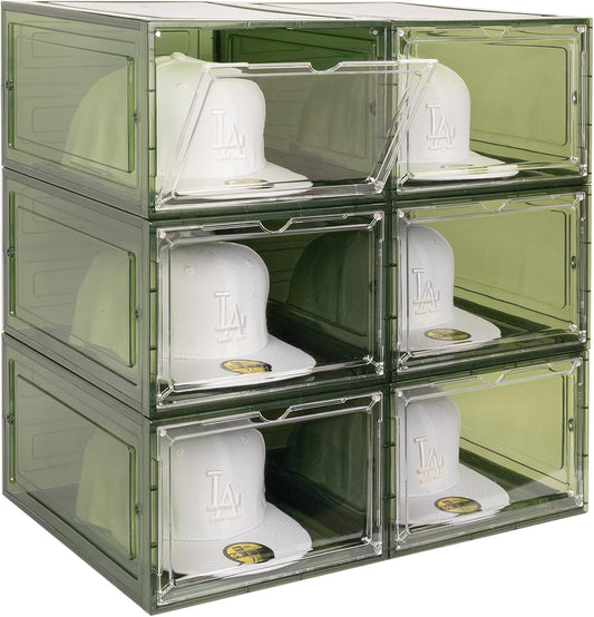6 Pack Hat Organizer Box, Stackable Clear Baseball Caps Holder Box Containers with Magnetic Door for Hats Snapback Cap Storag, Hat Rack Display Case, Holds 8 Hats Each (Green)
